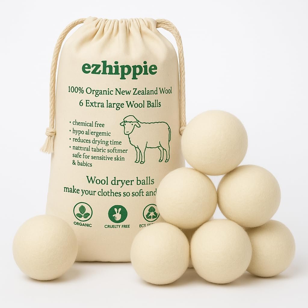 Ezhippie Quality Wool Dryer Balls – 6 XL Pack – 1000+ Loads – Pure Organic Wool – Reusable Natural Fabric Softener Perfect with Essential Oils, Reduce Clothing Static and Wrinkles