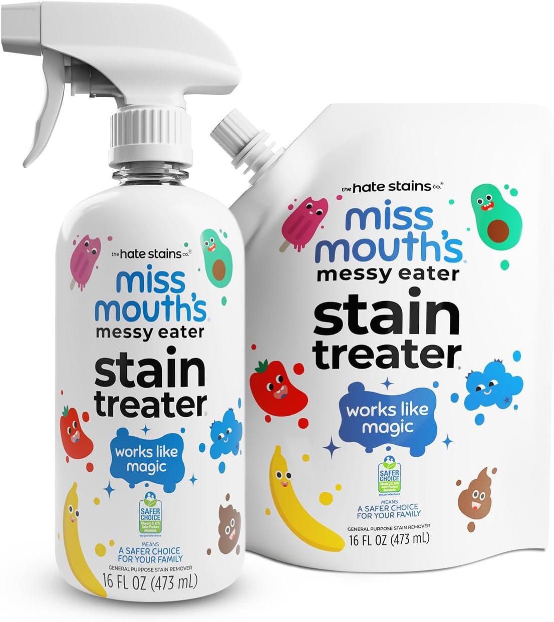 Miss Mouth’s Messy Eater Stain Treater – 16oz Spray and 16oz Refill Pouch