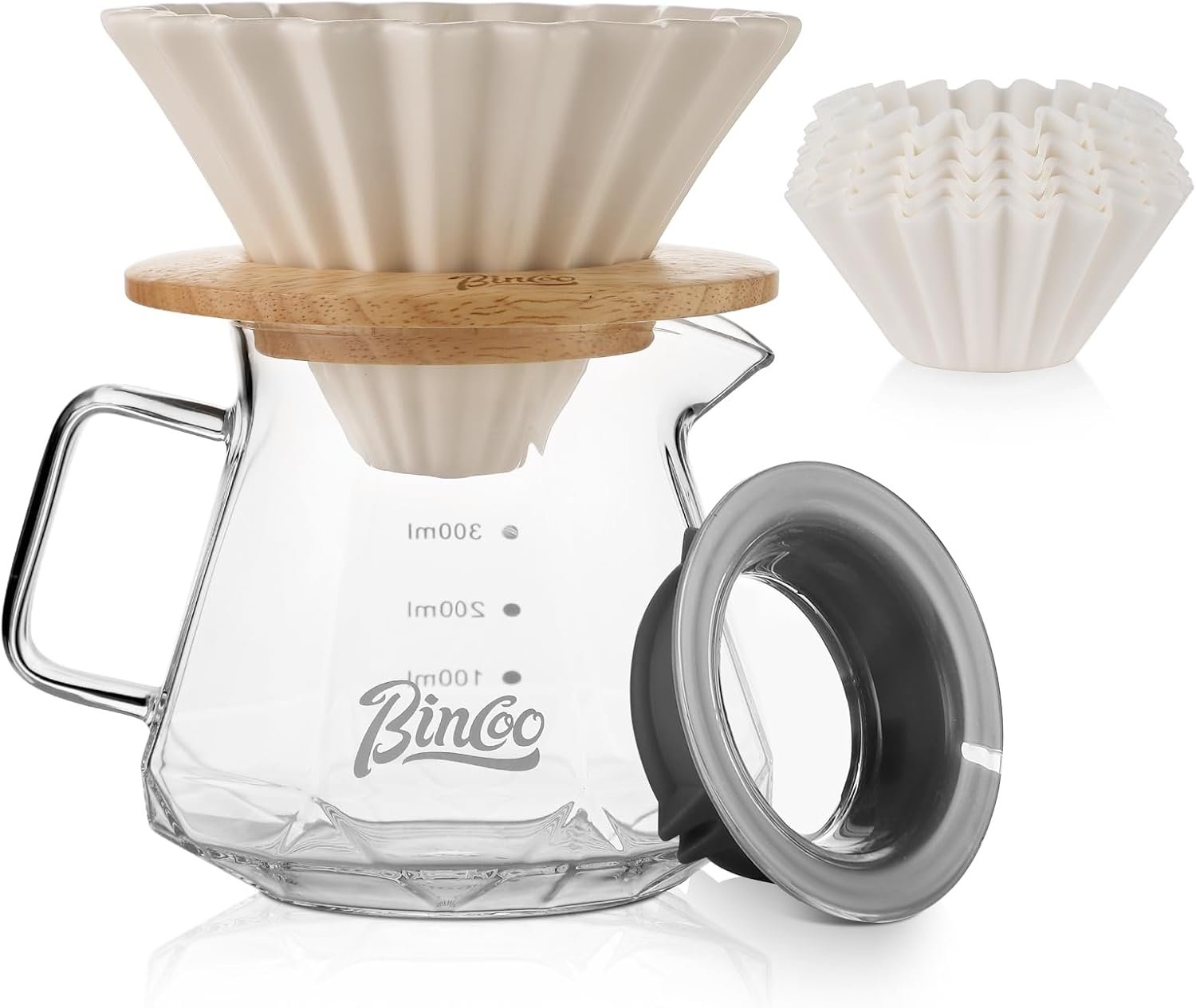 Bincoo 400ML Pour Over Coffee Maker Set with Filter Paper,Ceramic Pour Over Coffee Dripper 1-2 Cups-Professional Coffee Brewing Pot for Home Office(White)