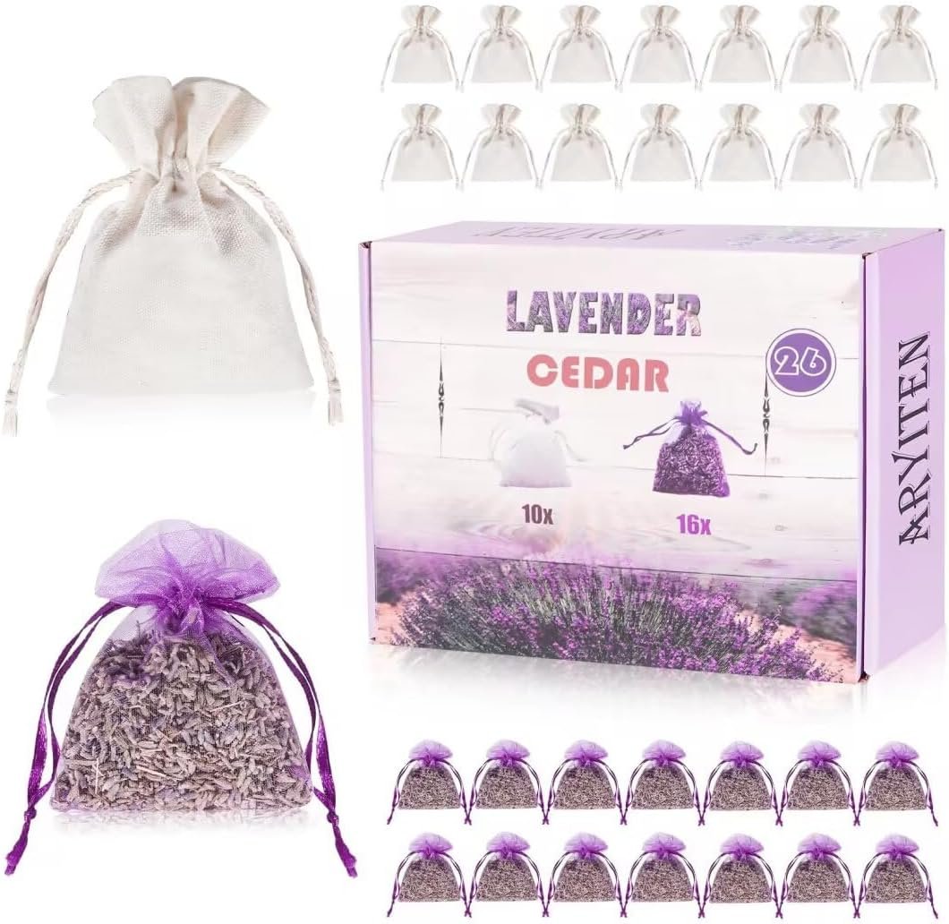 26 Pack Cedar and Lavendar Home Fragrance for Drawers and Closets – Stop Clothes Damage, Cedar Chips and Natural Dried Lavender Sachets Bags