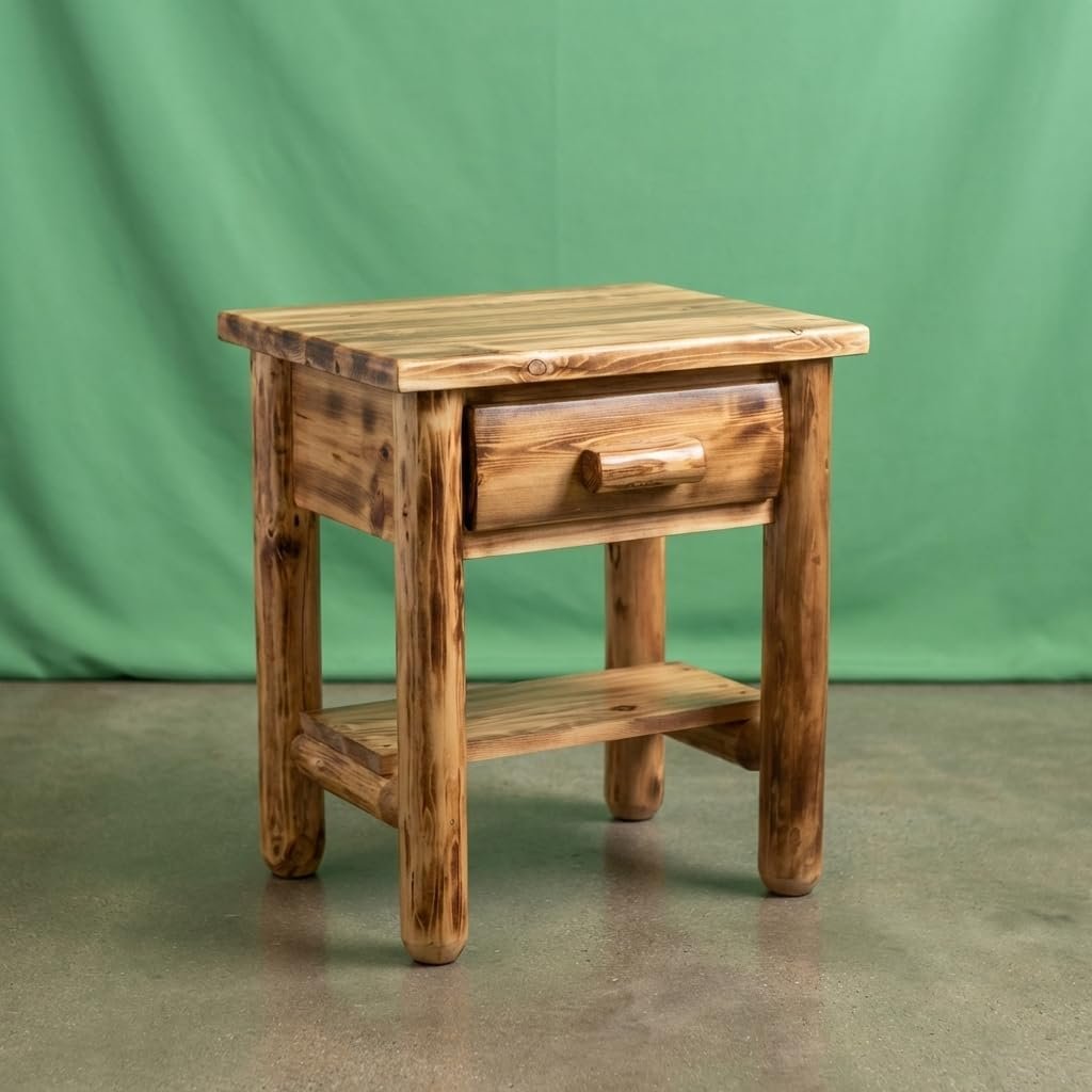 Log Nightstand [1 Drawer] – Torched Cedar/Dovetail / 100% Solid Wood/Amish Handcrafted in USA