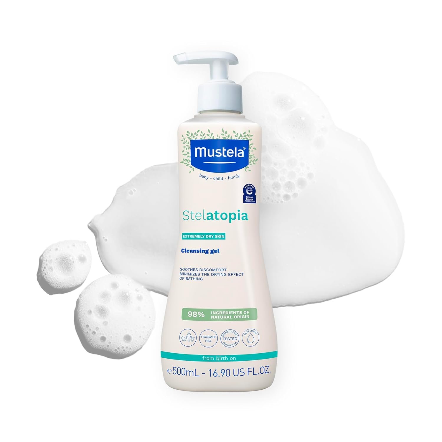 Mustela Stelatopia Eczema-Prone Skin Cleansing Gel – Baby Face & Body Wash with Natural Avocado & Sunflower Oil – Fragrance-Free & Tear Free