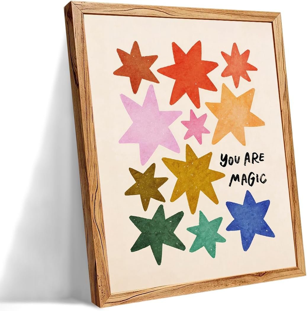 Framed You Are Magic Minimalist Quotes Wall Art 08×10 inch Colorful Cute Stars Poster Modern Positive Affirmations Canvas Prints for Kids Bedroom Nursery Playroom Wall Decor