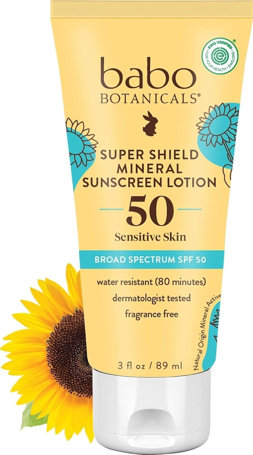 Babo Botanicals Sheer Mineral Sunscreen Lotion SPF 50 with 100% Mineral Active Ingredients for Babies, Kids or Extra Sensitive Skin, Lightweight, Water Resistant & Fragrance Free, 3 Fl Oz