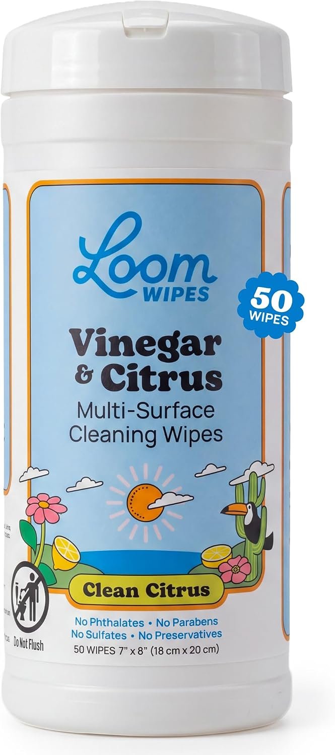 Loom Wipes, Natural Vinegar Cleaning Wipes, Citrus, 50 Count | All Purpose Cleaner for Kitchens, Bathrooms, and Sealed Surfaces. Safe Around Kids and Pets.