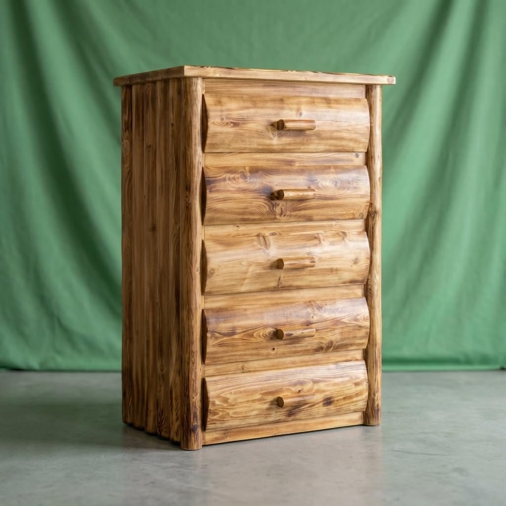 Torched Cedar Log Dresser [5 Drawer] – Burnt Medium Brown/Dovetailed/Solid Wood/Amish Handcrafted in USA