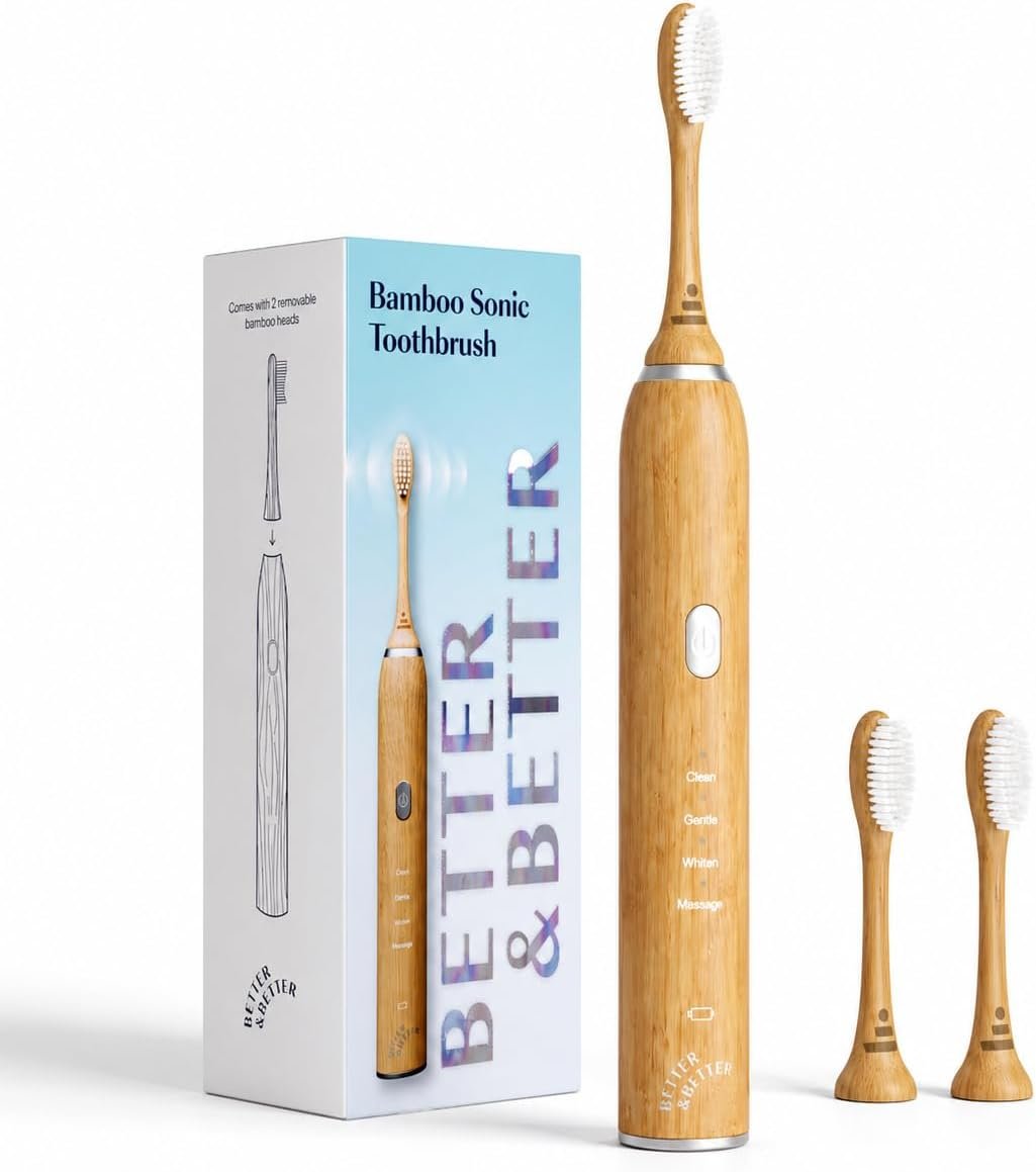 Better & Better Bamboo Sonic Electric Toothbrush | 37,000 VPM | Plant-Based Bristles, No Microplastics | 4 Modes, 2-Min Timer | Rechargeable | Soft, Eco-Friendly | Safe for Braces & Sensitive Gums