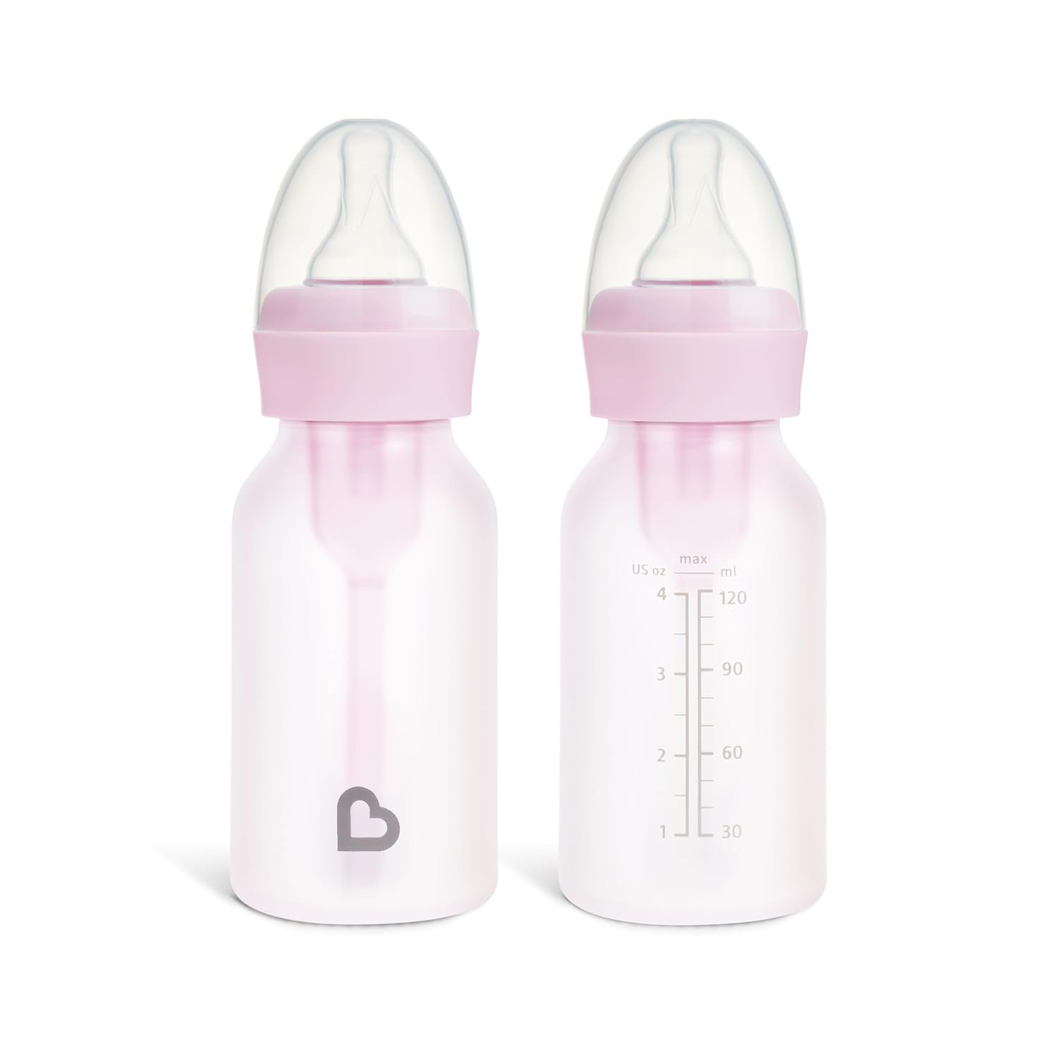 Munchkin Bond Glass Baby Bottles, Anti Colic Baby Bottles for Newborns, 4 oz Silicone Coated BPA Free Slow Flow Bottles for Breastfed Babies, Infant Feeding Bottle Set, 2 Pack, Pink