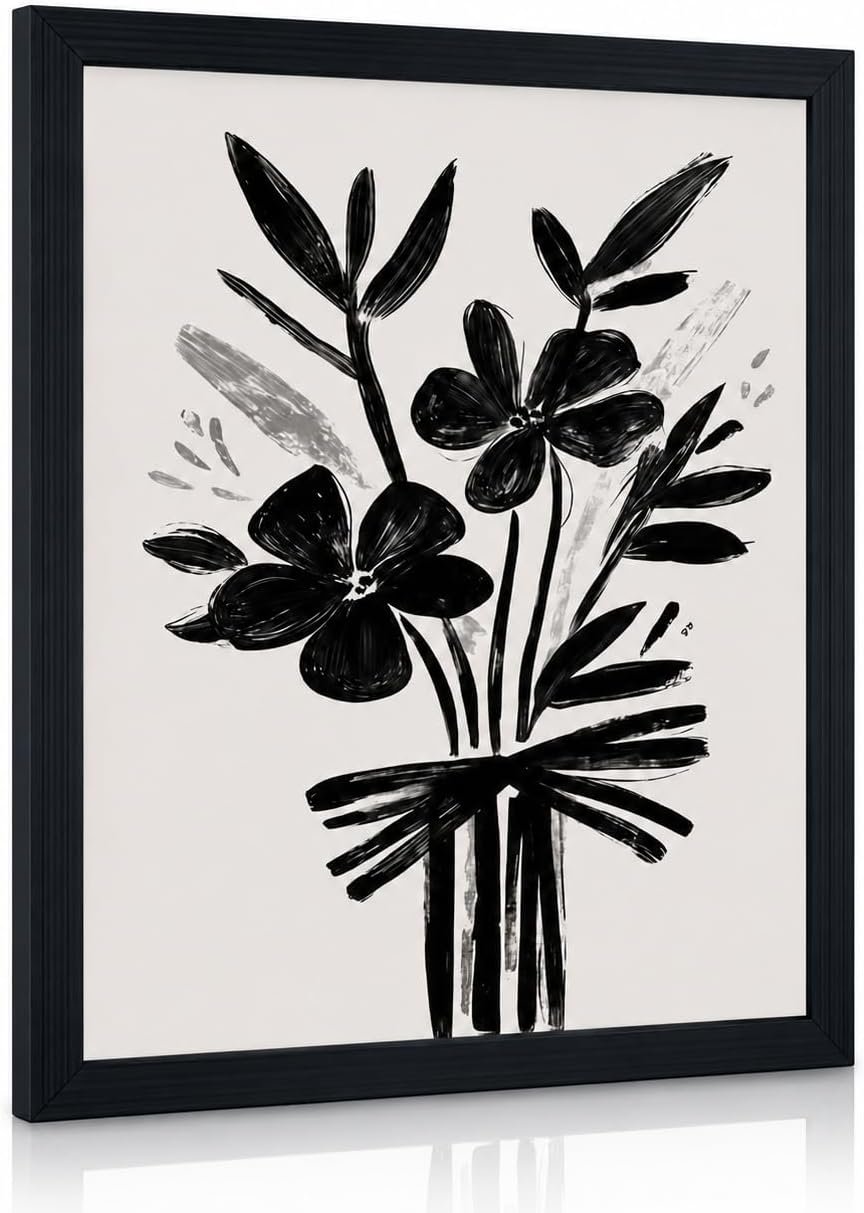 Framed Floral Wall Art Abstract Canvas Print Modern Minimalist Black And White Botanical Painting Poster Gallery Office Living Room Bedroom Wall Decoration 8×10 Inches Ready To Hang Or Tabletop
