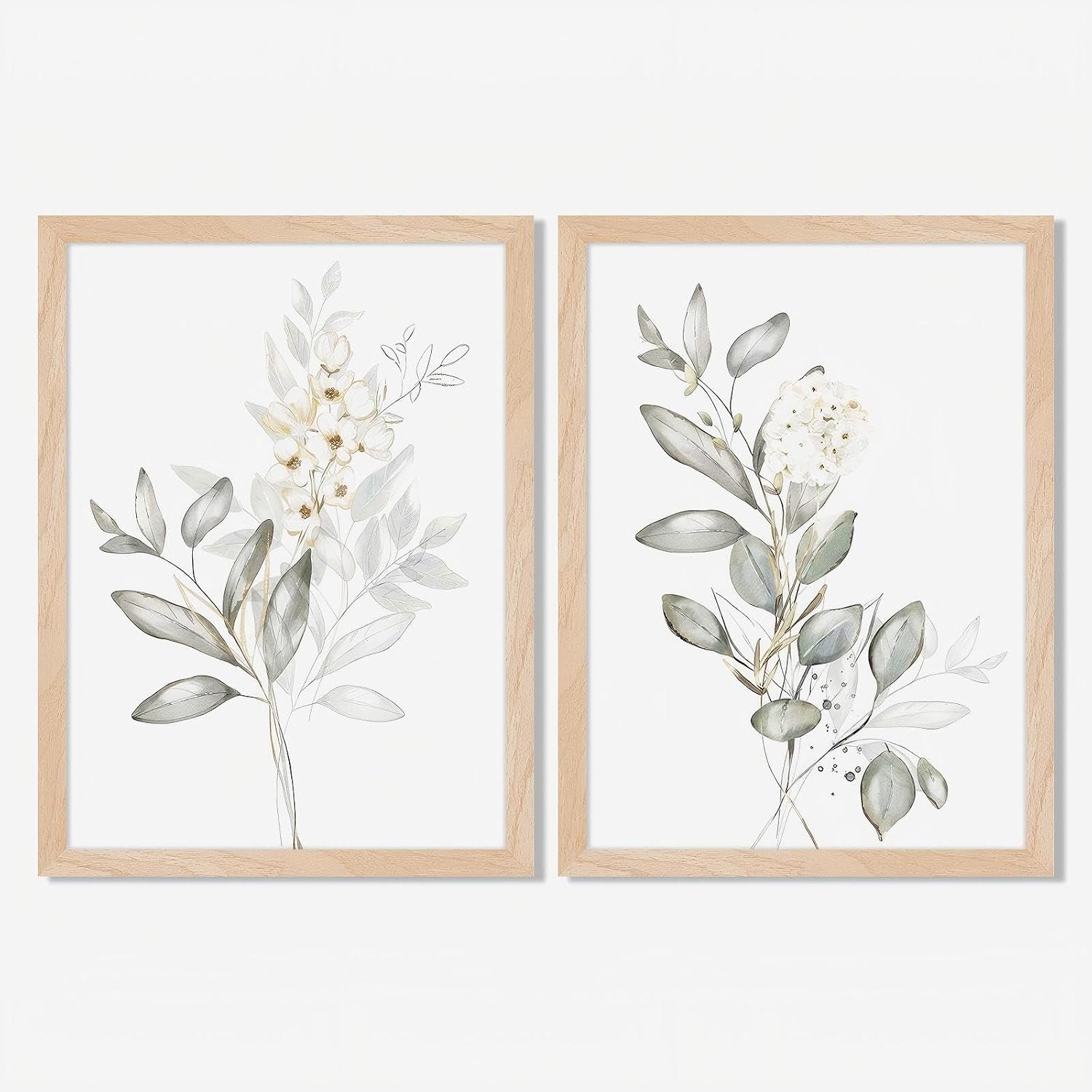 Framed Botanical Wall Art Set of 2 Minimalist Floral Canvas Prints with Solid Wood Frame & Acrylic Cover, Neutral Green Nature Watercolor Leaf Boho Plan Paintings for Living Room Bedroom Home Decor 12x16IN
