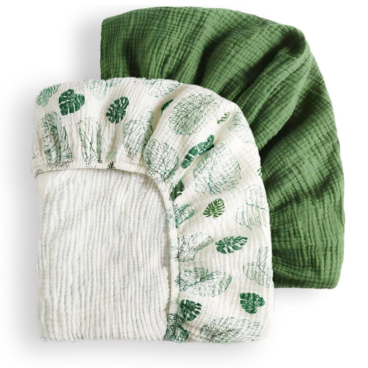 Blissful Diary Muslin Crib Sheets, 2 Pack, Monstera & Dark Green