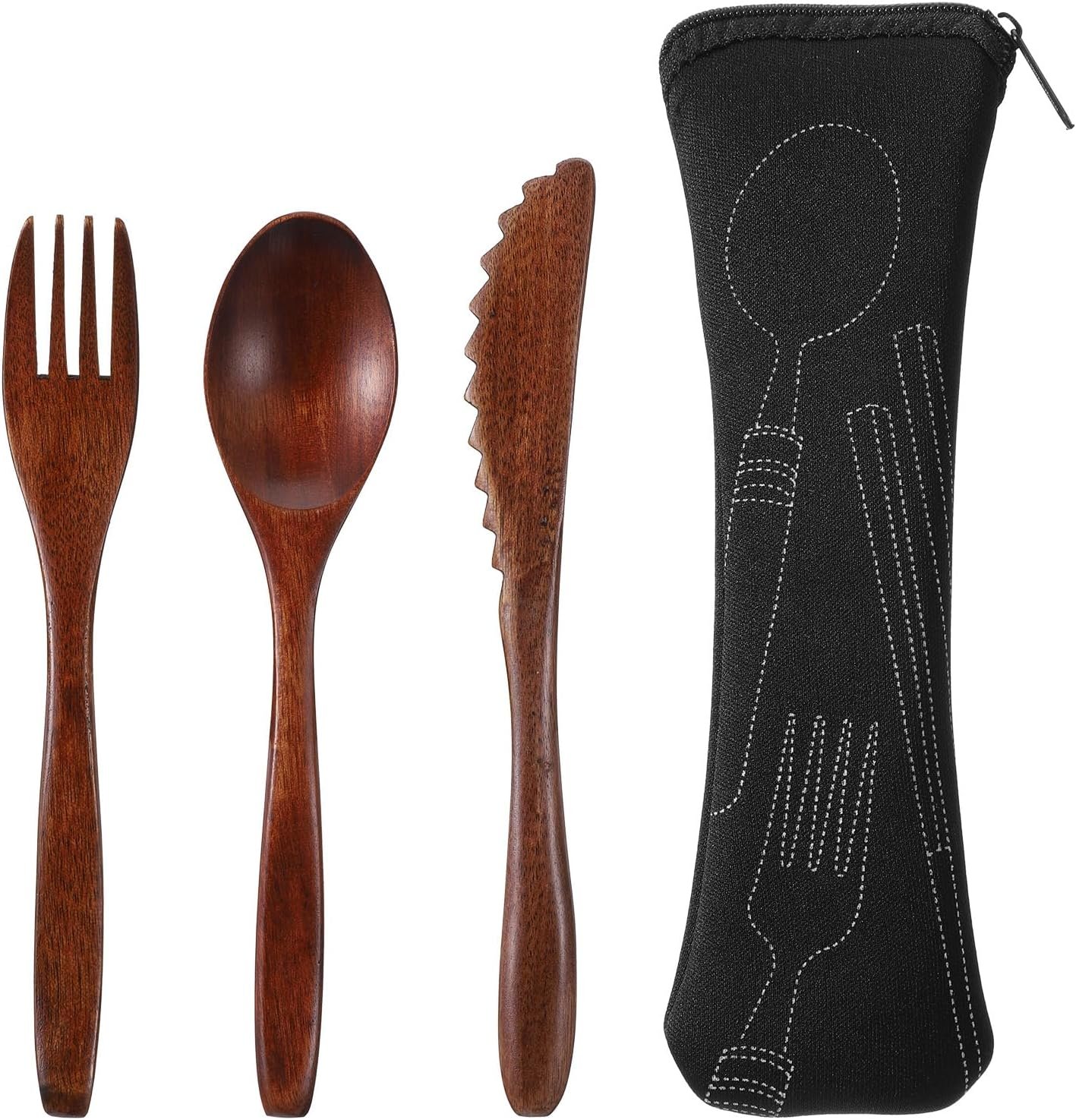 3PCS Wooden Spoons for Eating Reusable Travel Wooden Utensil Set