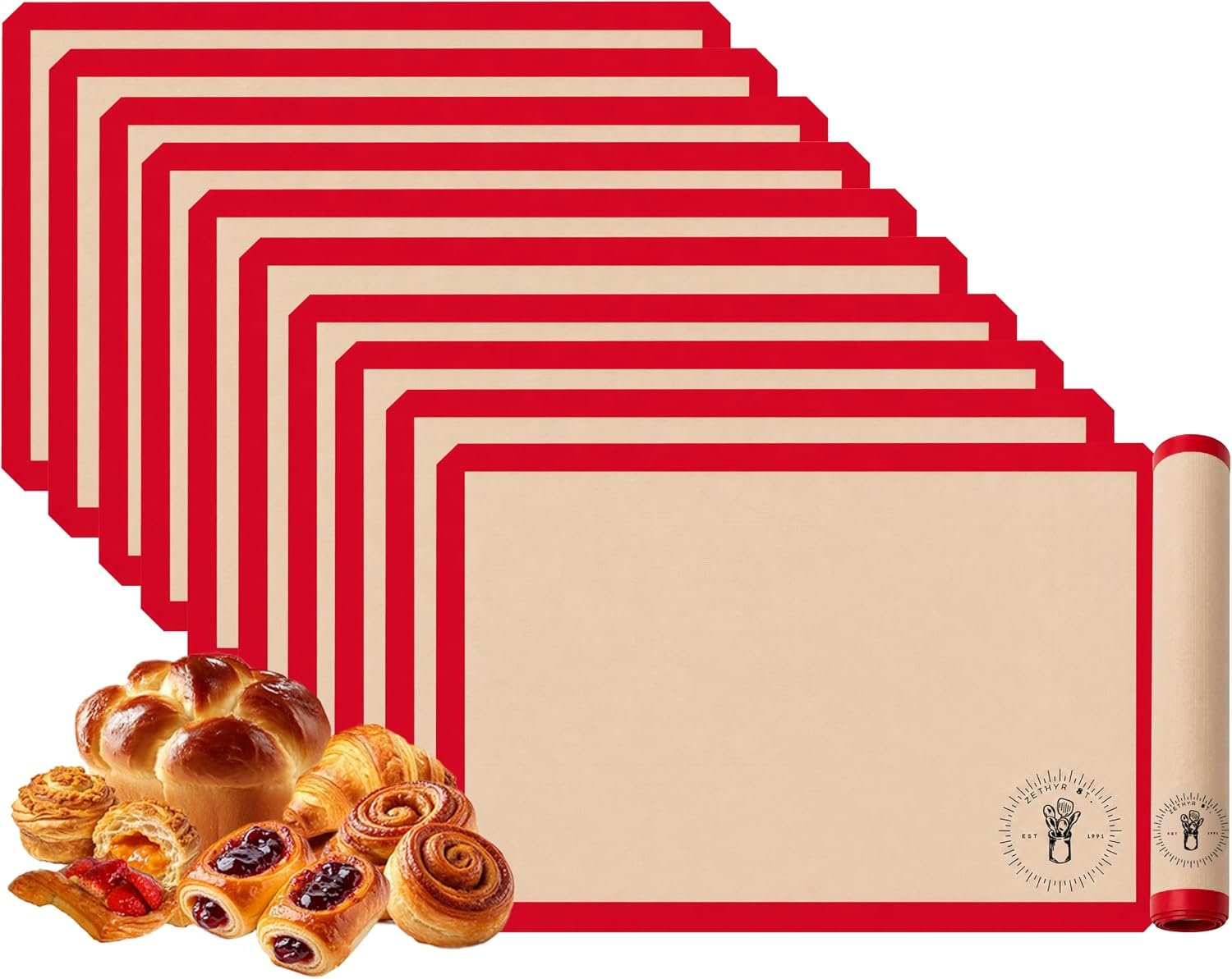 Silicone Baking Mats – Full Size Baking Sheet Liners, Pack of 10, Red