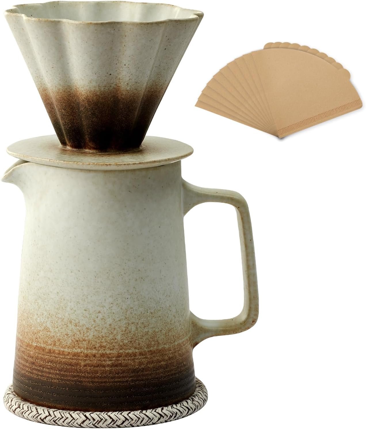 Pour Over Coffee Maker, Ceramic Coffee Dripper with 40pcs V02 Paper Filter & Coaster, 18.2oz/540ml Flower Shape Pour Over Coffee Filter set (Brown Gradient Set)