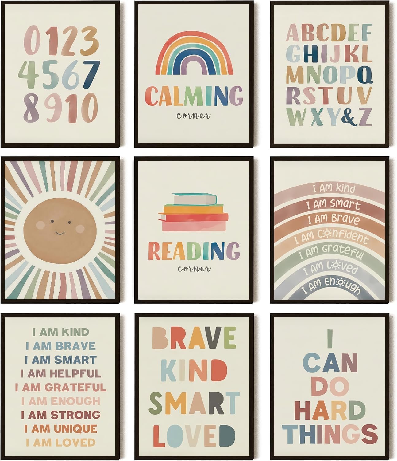SEHSUVC Baby Alphabet 1 2 3 Wall Art Set of 9, Number Rainbow Canvas Posters Prints, Kids ABC Positive Affirmation Wall Decor Paintings for Kids Room Nursery Bedroom Home Decor 8x10In Unframed
