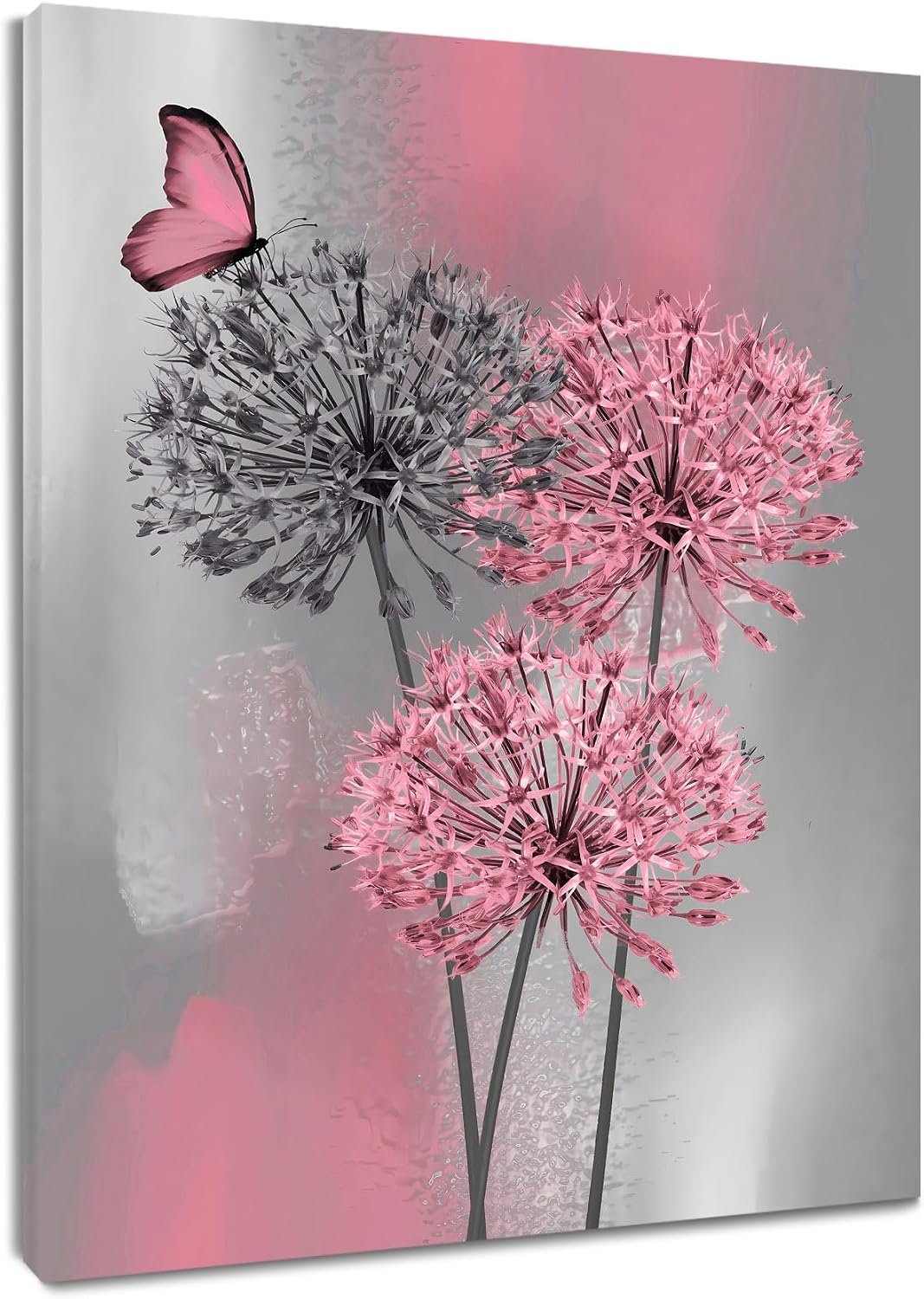 LB Pink Dandelion Canvas Wall Art Pink and Grey Dandelion with Butterfly on Modern Abstract Wall Art Aesthetic Wall Decor for Living Room Bedroom Bathroom Office Framed Ready to Hang 20L x 16W