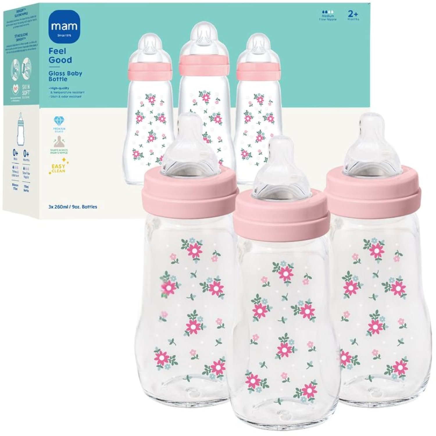 MAM 9oz Pure Glass Feel Good Anti-Colic 2+ Months Baby Bottle, 3 Pk, Girl