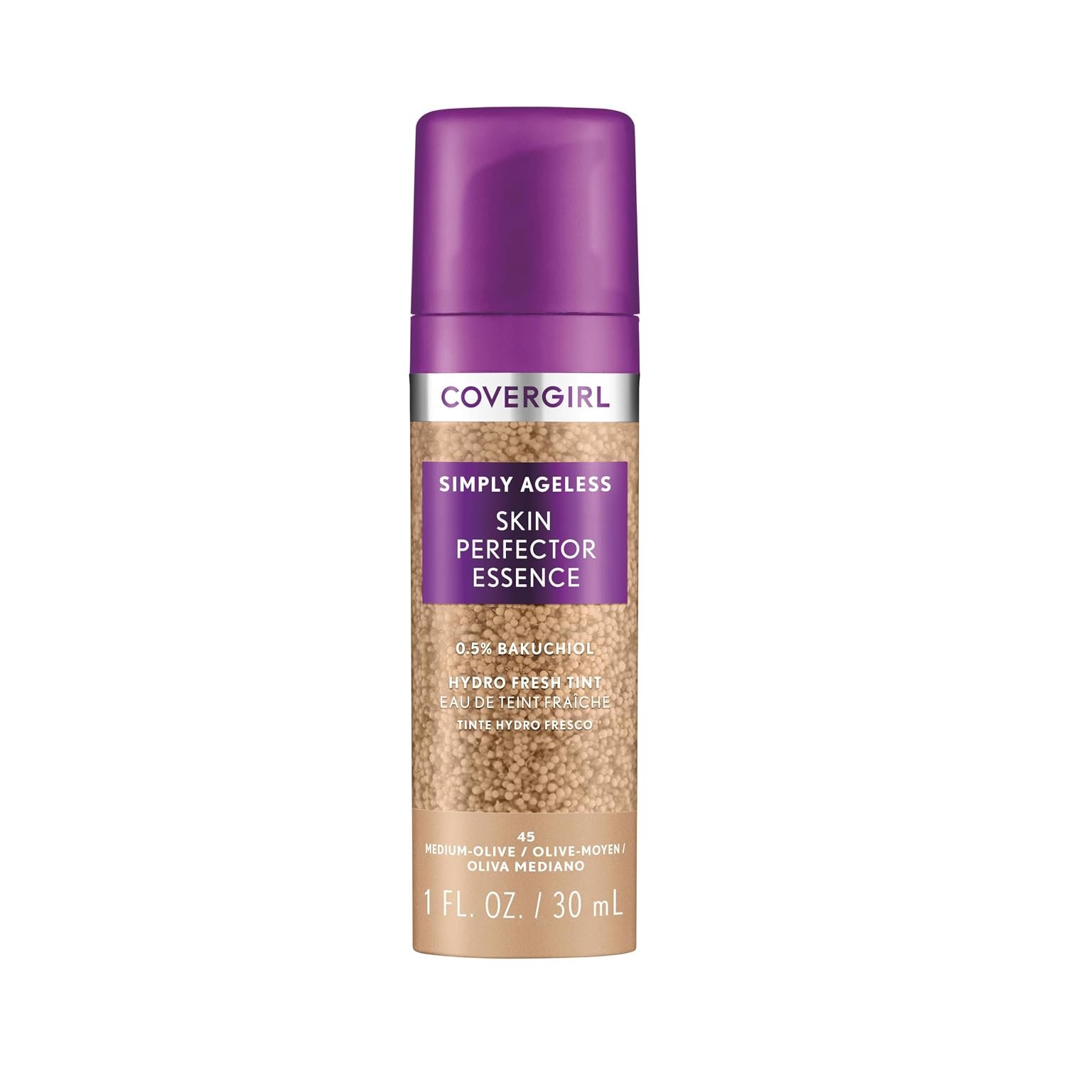 Covergirl Simply Ageless Skin Perfector Essence Foundation, 45 Medium-Olive, Tinted Skincare Makeup Hybrid, Sheer Tint, Radiant Finish, Glowy Finish, Vegan Formula, 1.0oz