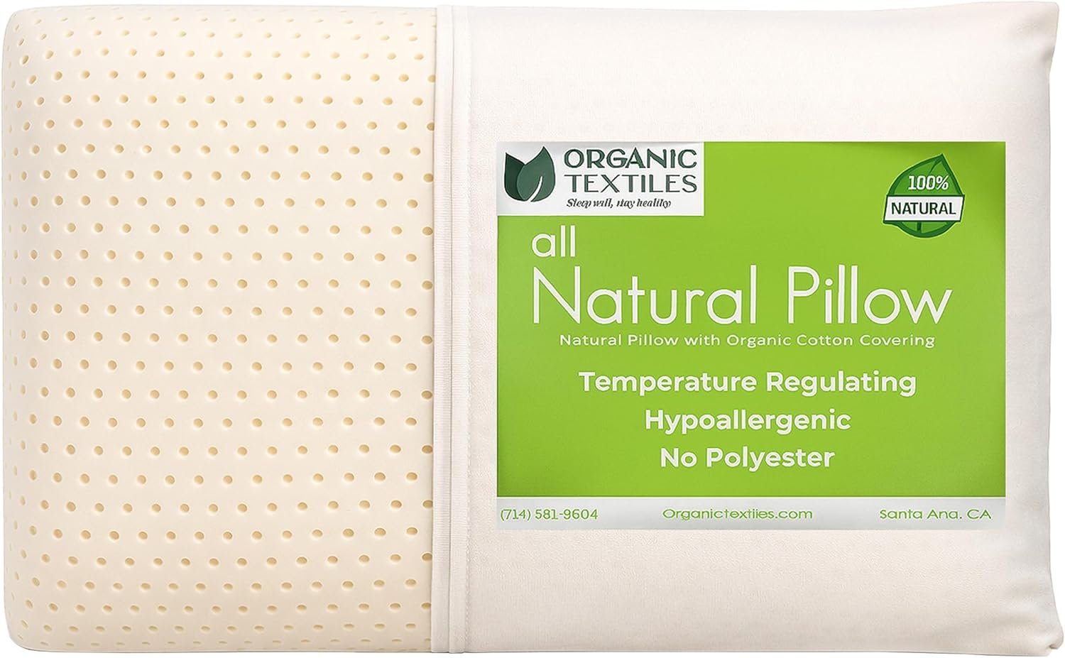 ORGANIC TEXTILES Natural Latex Bed Pillow with GOTS Certified Organic Cotton Cover – (Standard, Medium) – Pack of 1