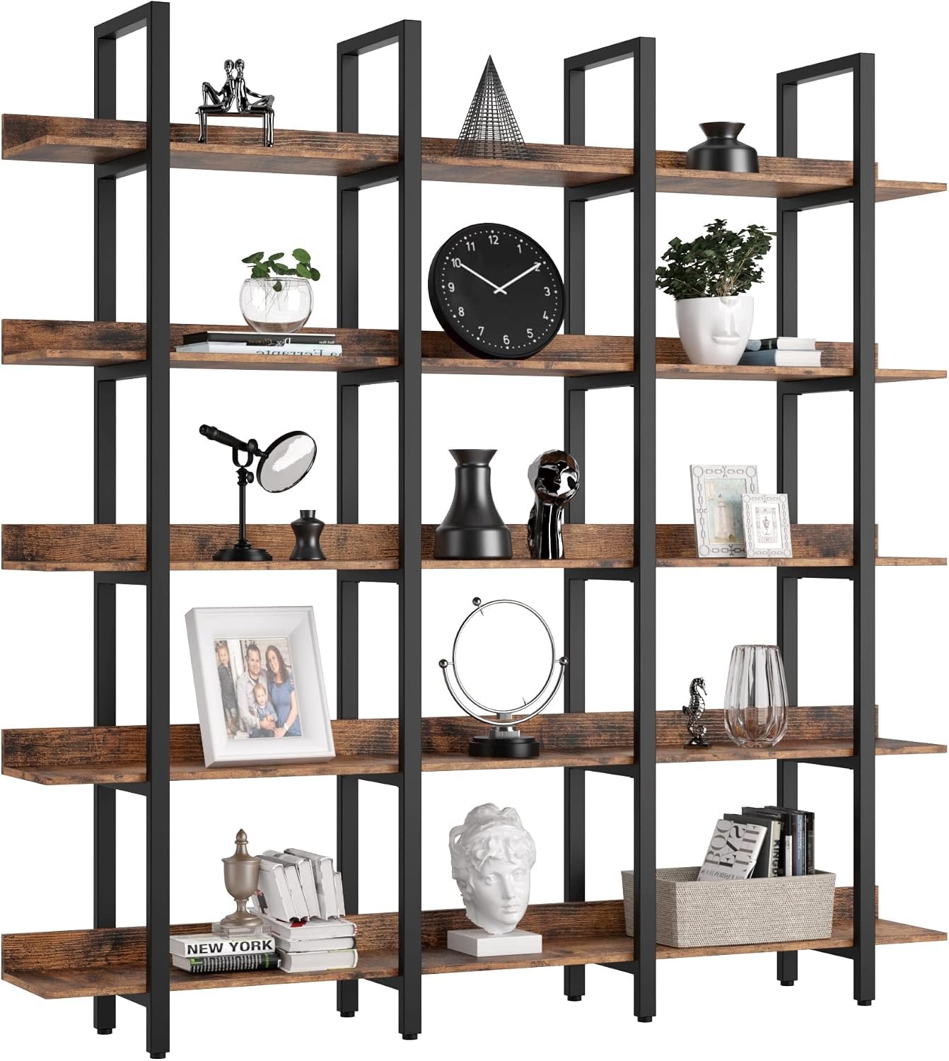IRONCK Book Shelf Triple Wide Bookshelves 5 Tiers with Back Fence