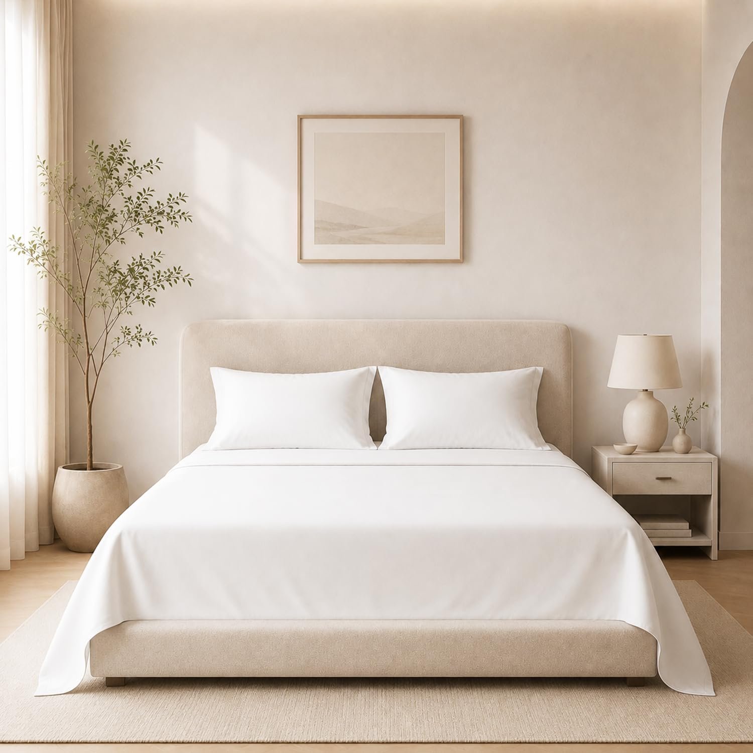 Carressa Linen Organic Cotton Sheets Queen Size Percale Bed Sheets, White