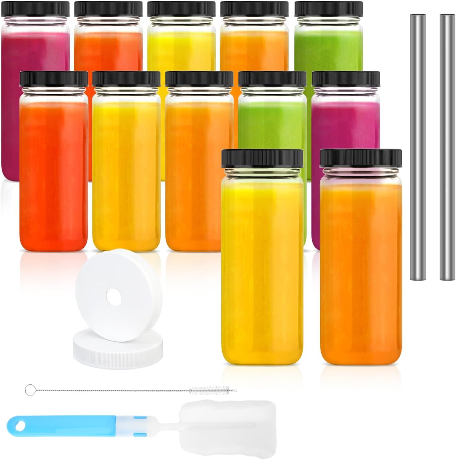 16 oz Glass Juice Bottles Set of 12, Wide Mouth Mason Jars