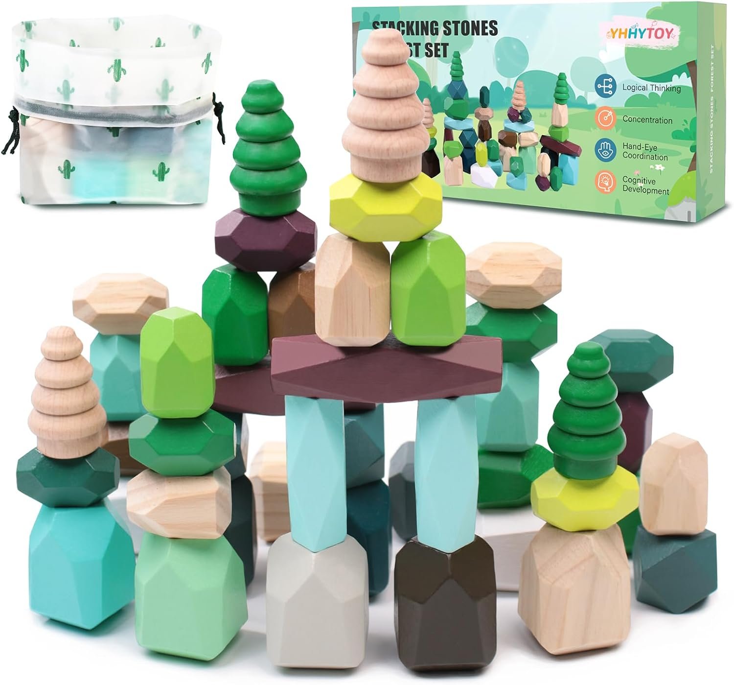 YHHYTOY 40Pcs Montessori Wooden Stacking Rocks Building Blocks Forest Theme