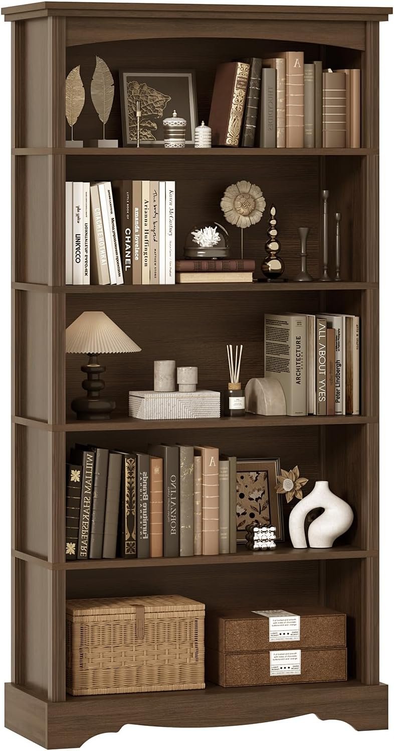 TVU 5-Tier Wooden Bookshelf, 31.5″ W x 65″ H ×9.9″ D Bookshelf with Storage, Floor Standing Modern Style Display Bookcase for Living Room, Office, Study Room, Entryway, Brown