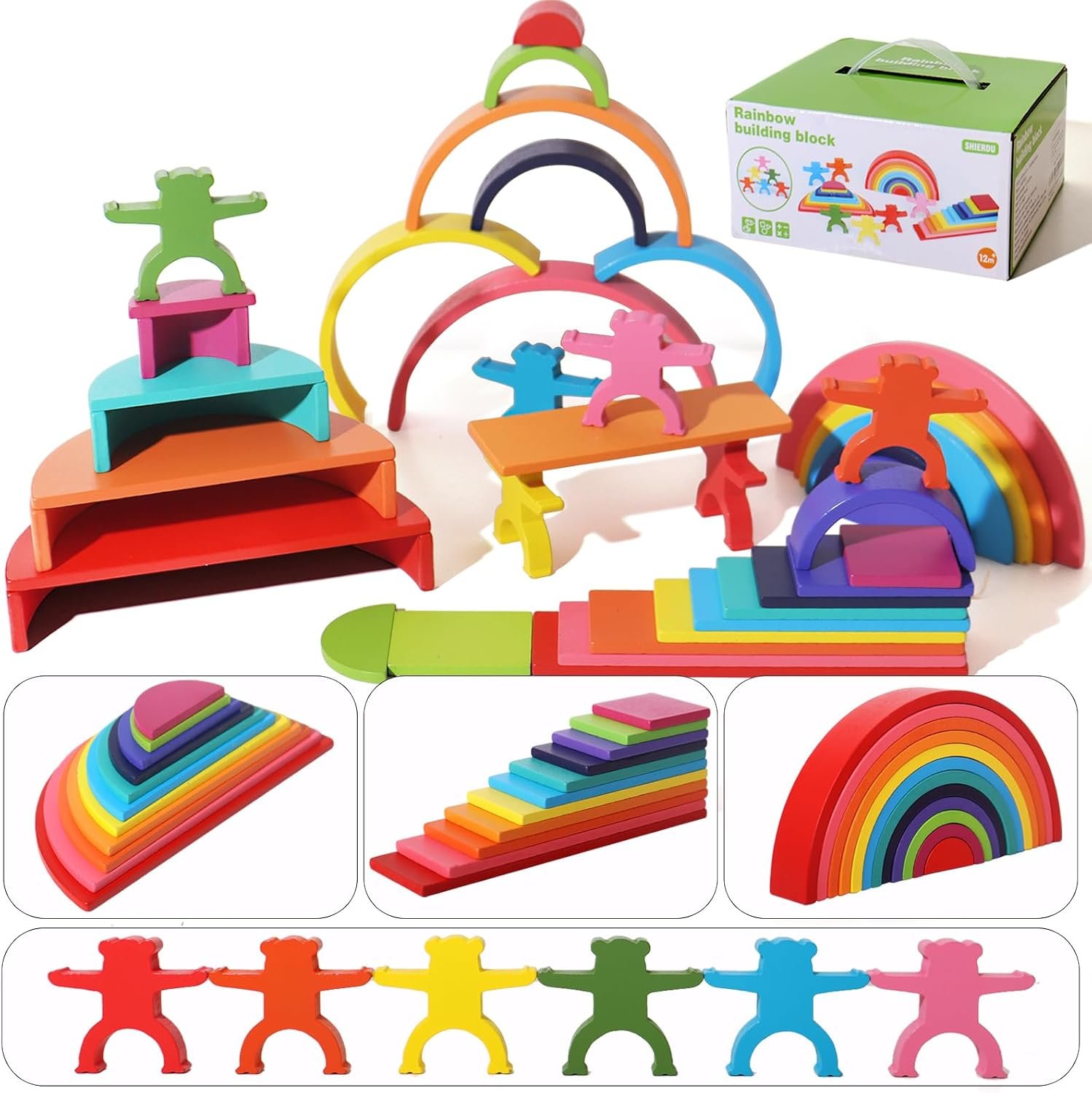 Dinhon 40-Piece Wooden Rainbow Stack Set, 4-in-1 Building Blocks preschoolers Early Development & Activity Toys Montessori Toys for Kids 1 2 3 4 Years and Older Gifts for Boys and Girls