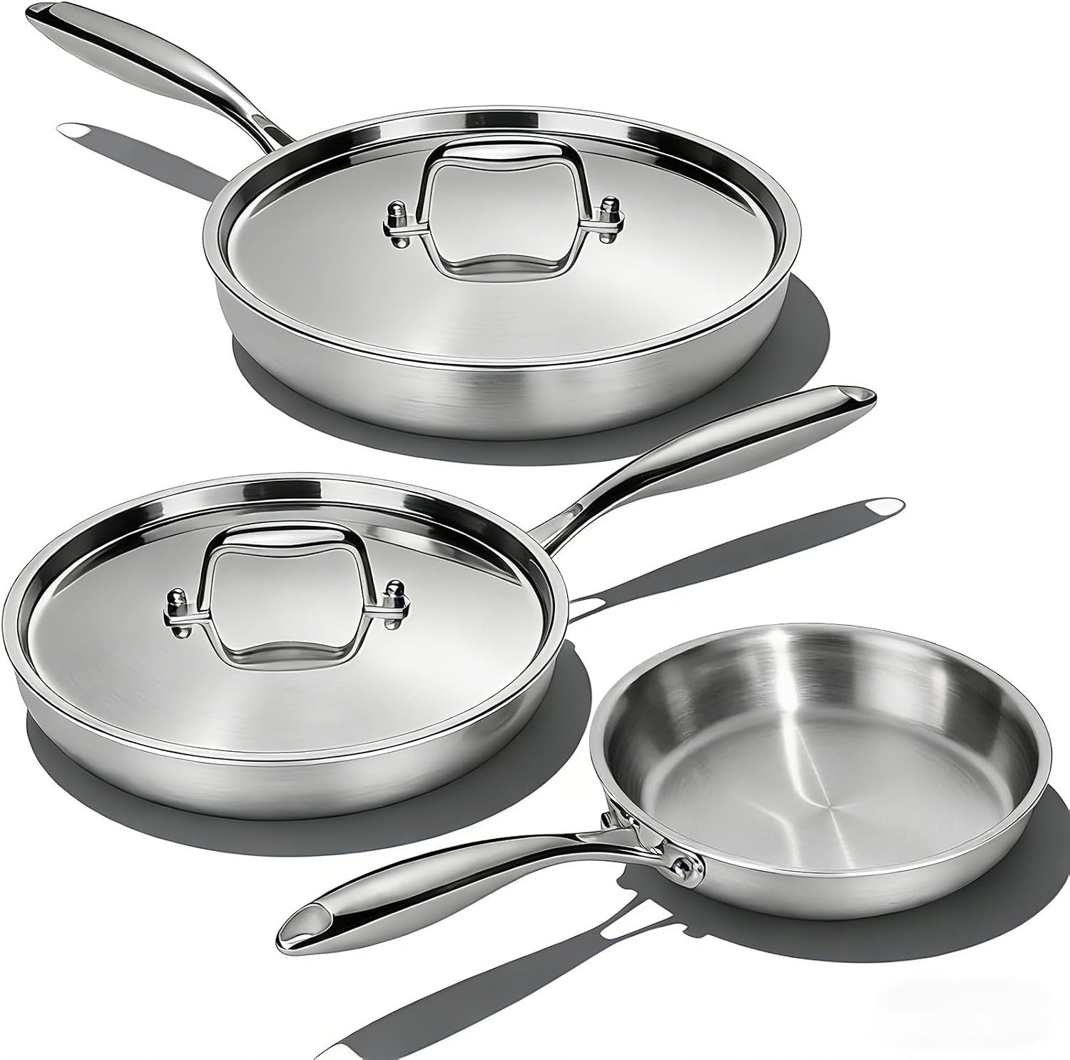 Stainless Steel Frying Pan Set with Lid, Umite Chef 3Pcs Skillet Set (Includes 8″,10″,12″) – 5 Ply Stainless Clad – Heavy Duty & Professional Cookware Set, Fast & Even Heat, Dishwasher and Oven Safe