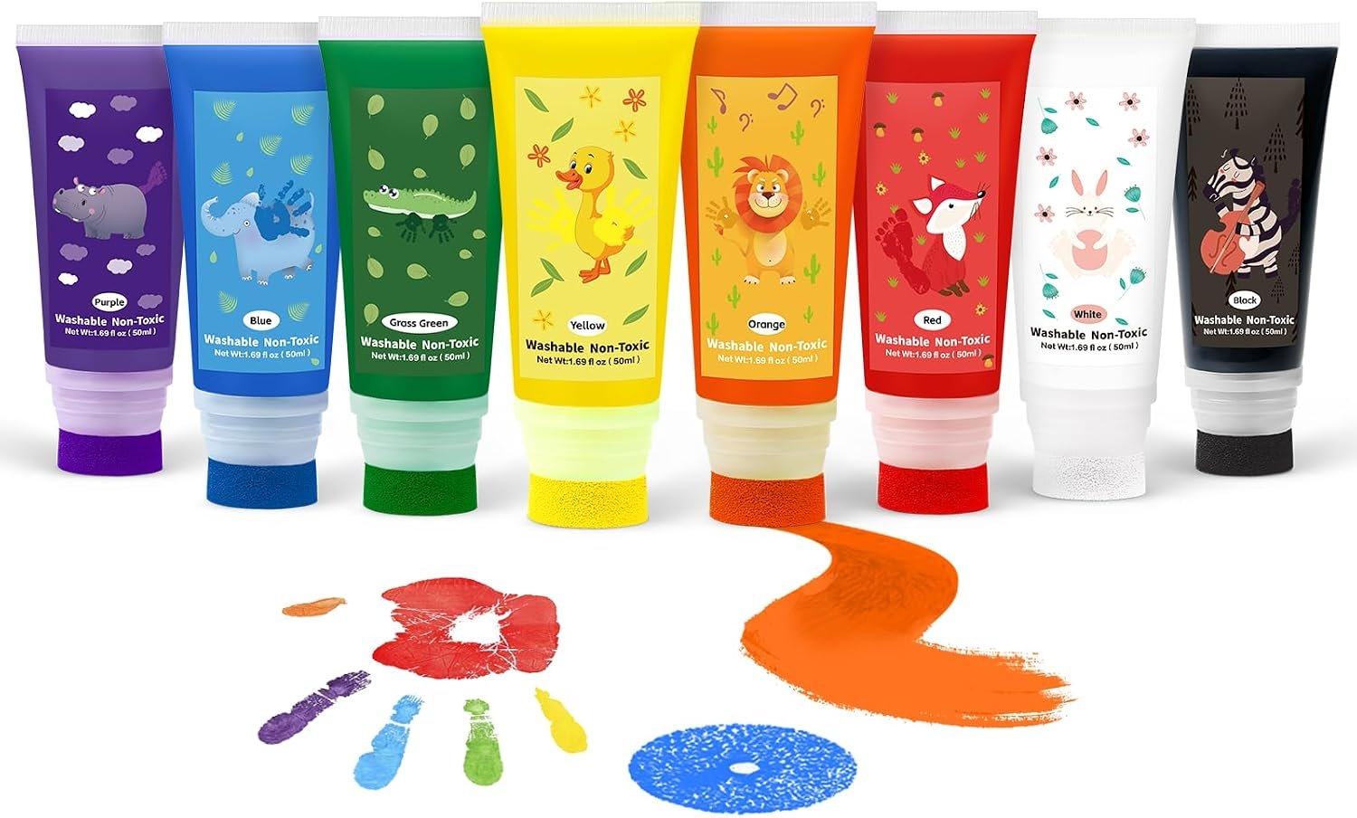 Washable Finger Paint with a Sponge Head, 8 Colors (1.69fl oz/Tube)