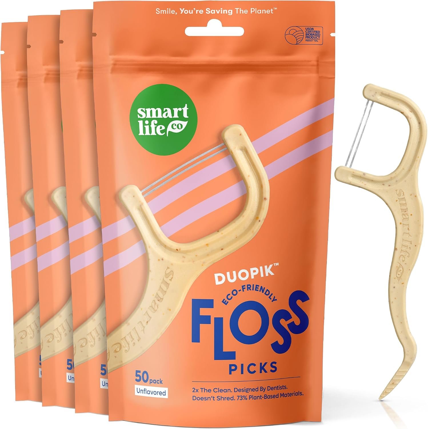 SmartLifeco Eco-Friendly Dual-Thread Dental Floss Picks (200ct) – Flossers Made with Straw Wheat Blend, Superior Anti-Shred for Tight Gaps, Tooth Pick Stick for Adults, Soft on Gum & Teeth, Unflavored