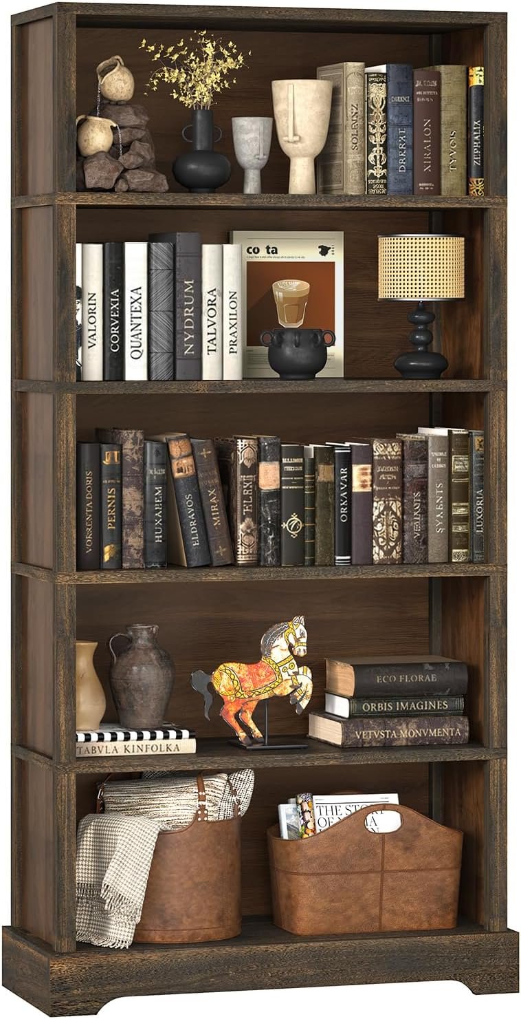 TVU 5 Tiers Wooden Bookshelf, 65.2″ Tall Farmhouse Style Open Bookcase, 31.5″ Wide Standing Book Shelf with Storage for Study Room, Living Room, Walnut Brown
