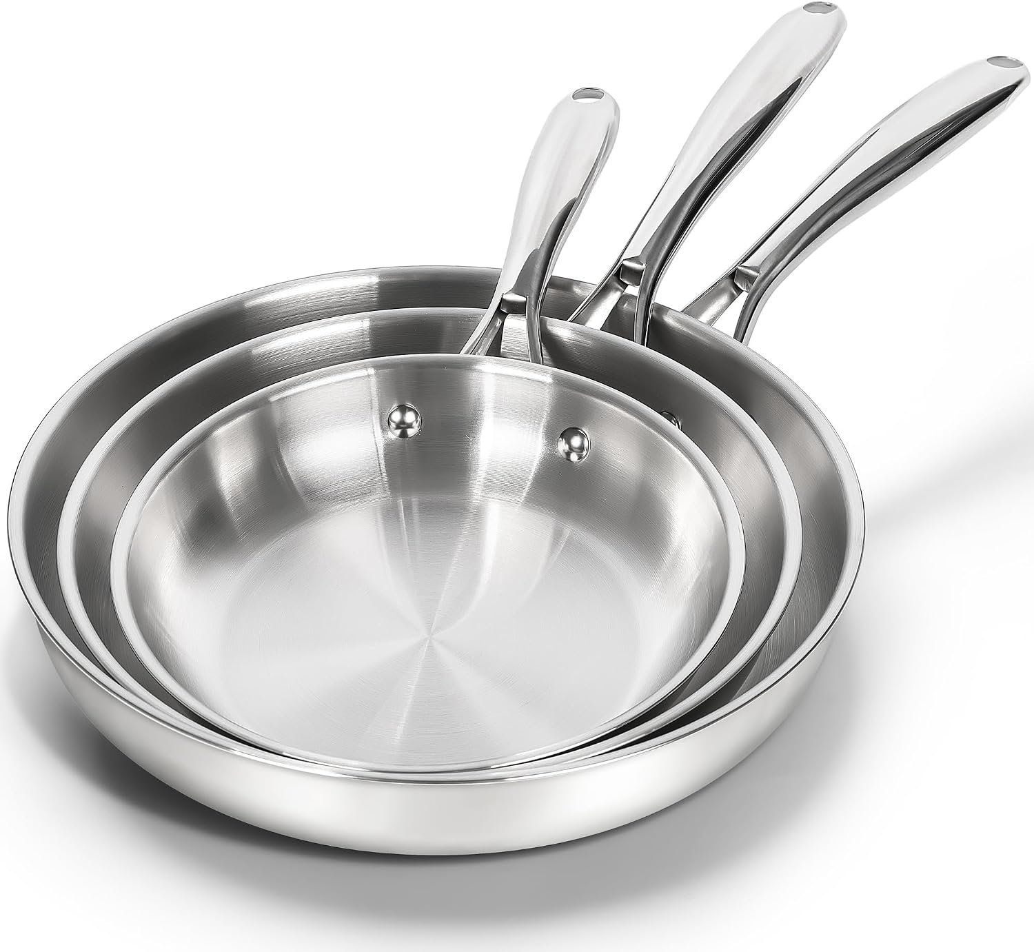 MICHELANGELO 18/10 Stainless Steel Frying Pan Set, 8″ / 9.5″ / 11″ Cooking Pans, Triply Base Stainless Steel Pan Set with Ergonomic Handle, Induction Compatible