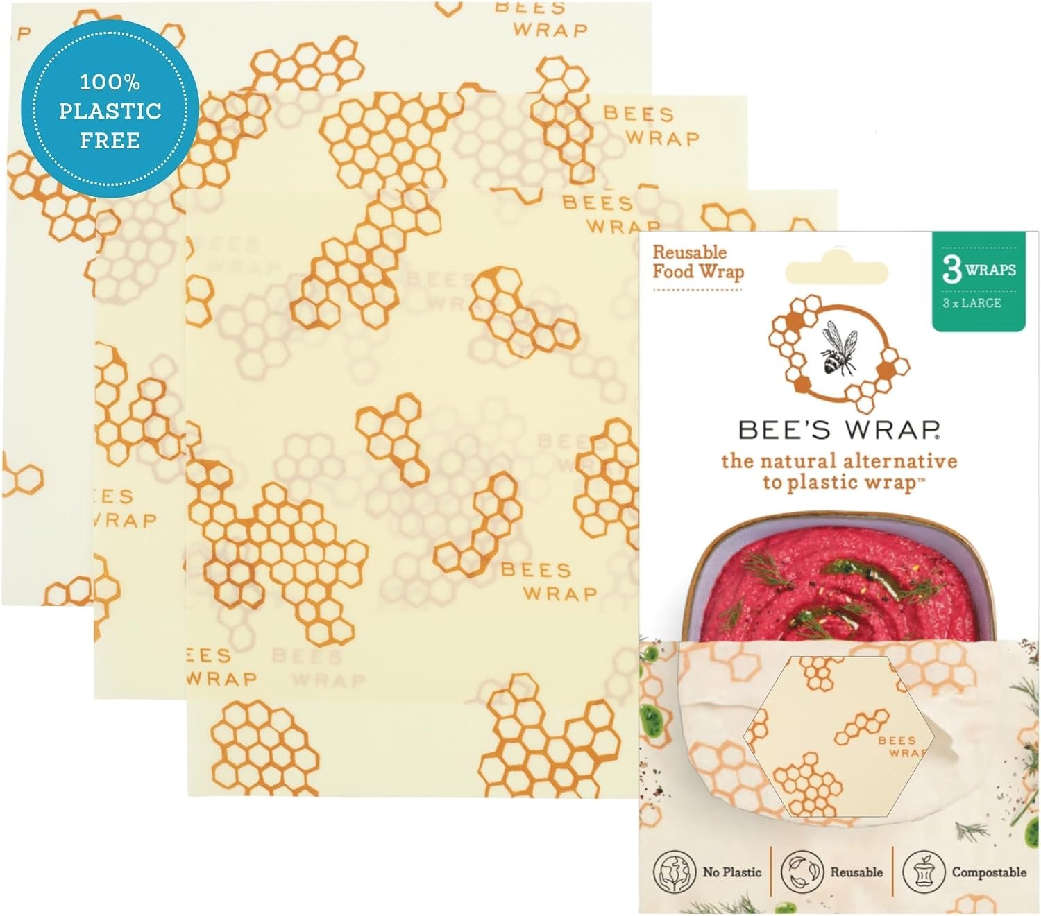 Bee’s Wrap Beeswax Food Wraps, 3 Large Pack – Honeycomb