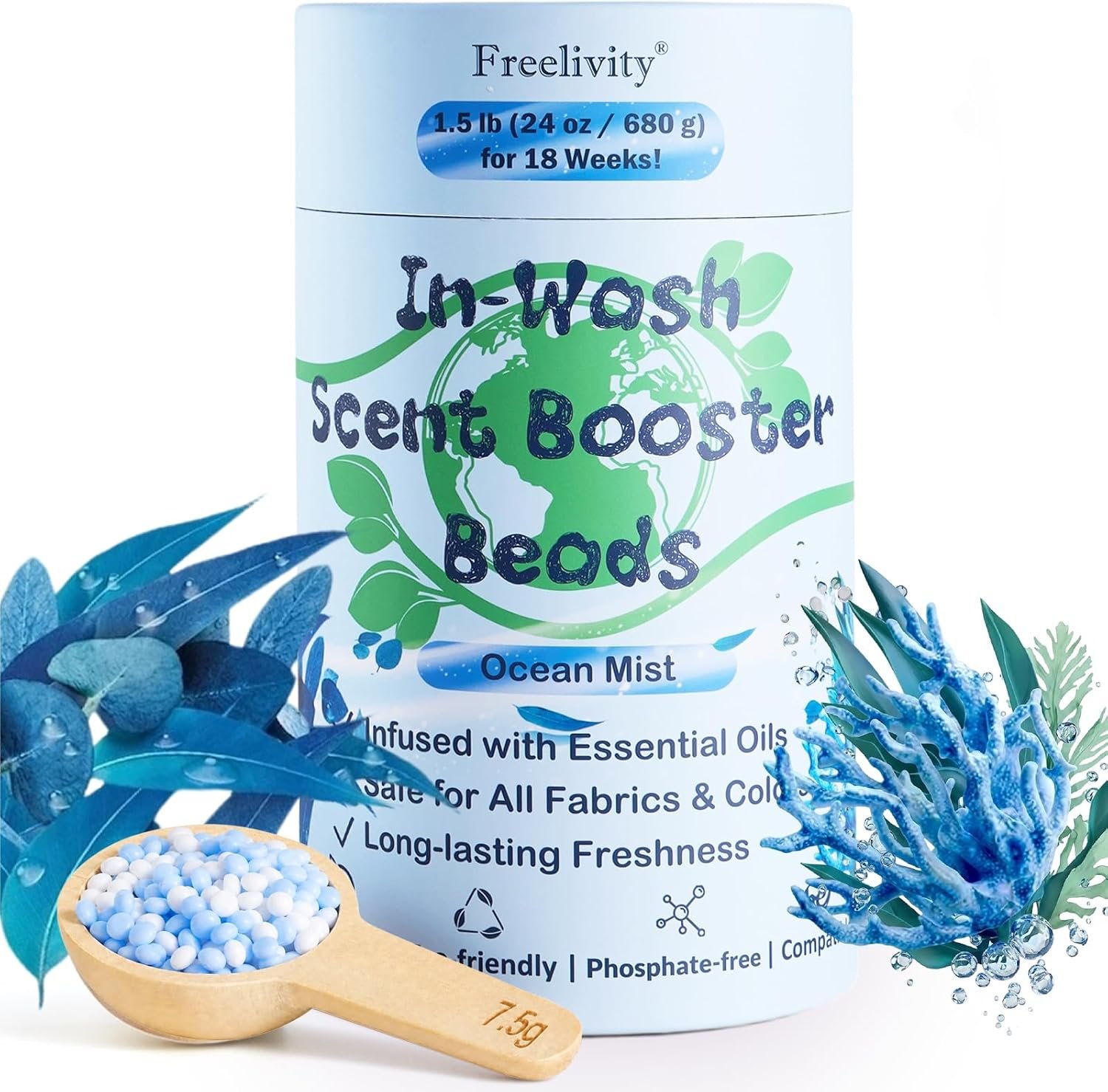 Freelivity In‑Wash Scent Booster Beads – Ocean Mist Scent, Laundry Beads fabric softener, 24 oz – Lasts Up to 70 Washing Cycles – Eco‑Friendly & Safe for Babies and Kids
