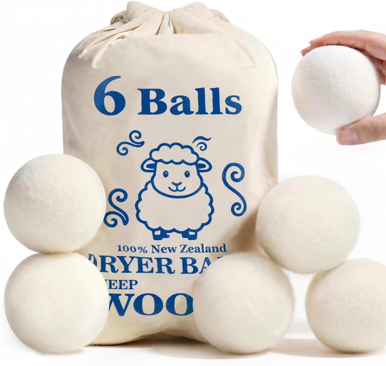 Wool Dryer Balls, New Zealand Dryer Balls Laundry Reusable Reduce Static Cling, Dryer Ball to Reduce Wrinkles & Shorten Drying Time, Drying Balls Fabric Softener Ball for Laundry（Pack of 6)