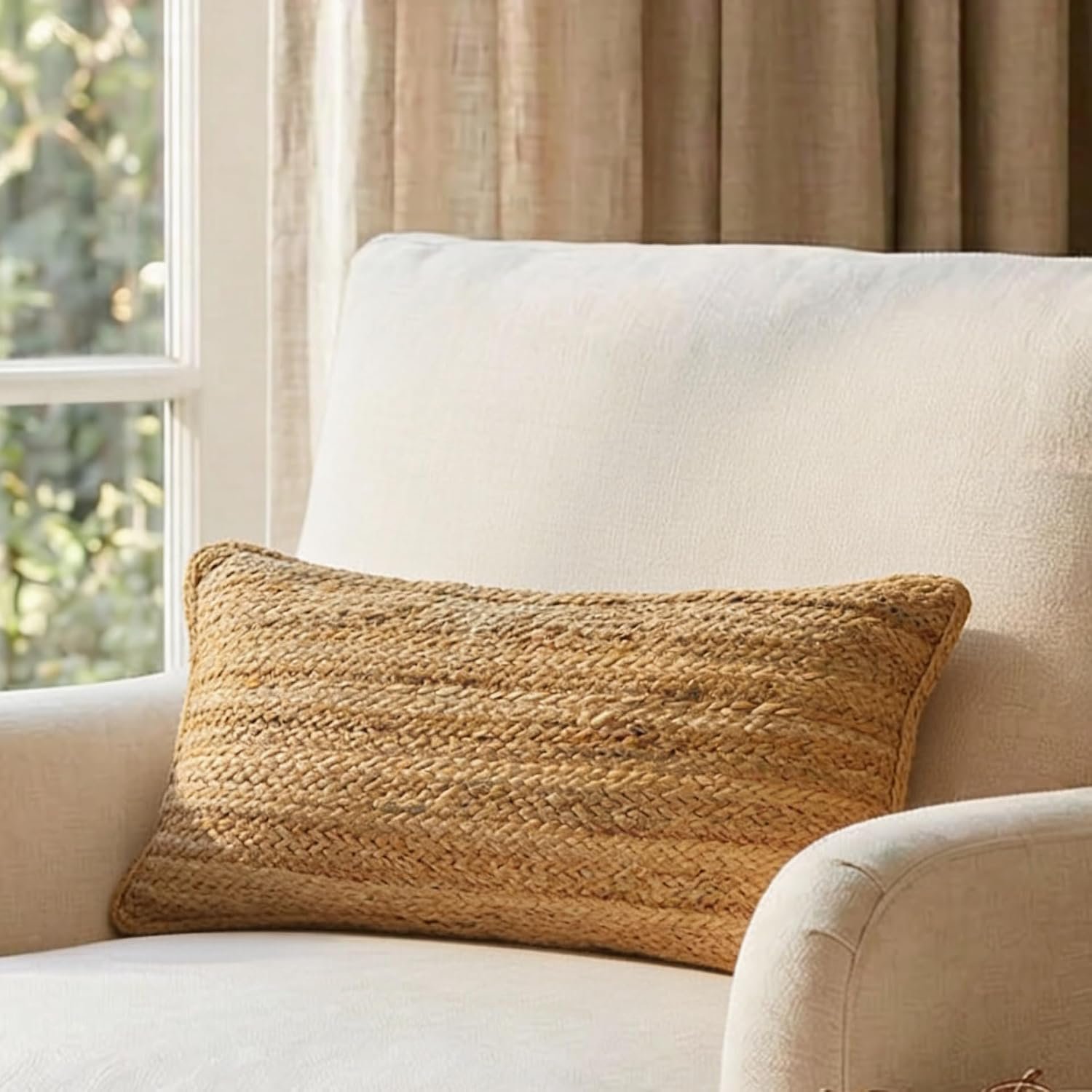 The Fine Living Co. Jute Throw Pillow Covers 20×12, Jute Decor Natural 1Pc