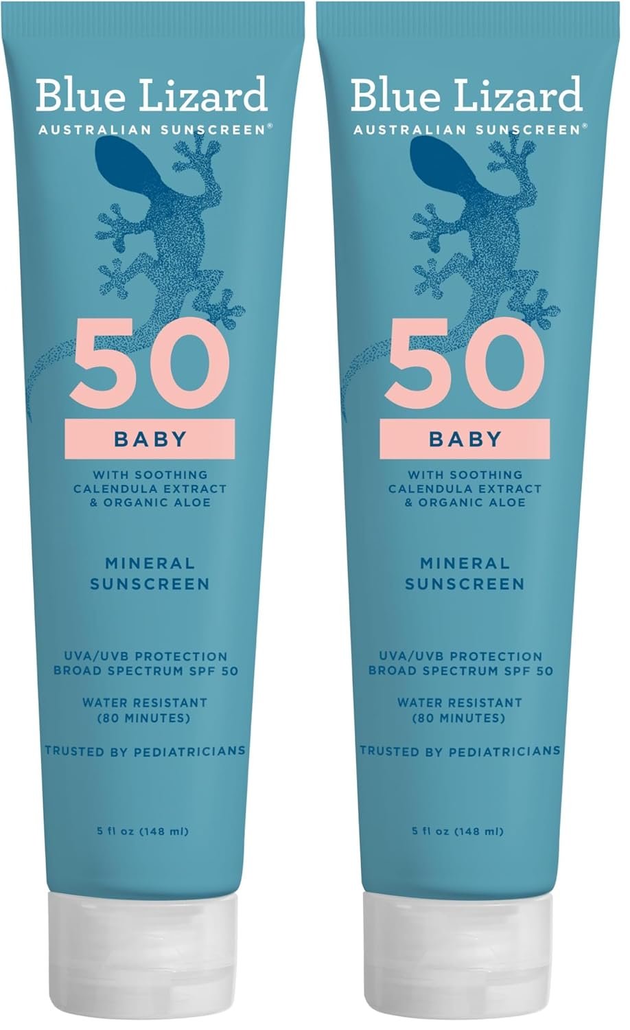 Blue Lizard BABY Mineral Sunscreen with Zinc Oxide,SPF 50+,Water Resistant,UVA/UVB Protection with Smart Cap Technology – Fragrance Free,5 oz. Tube,(Pack of 2)