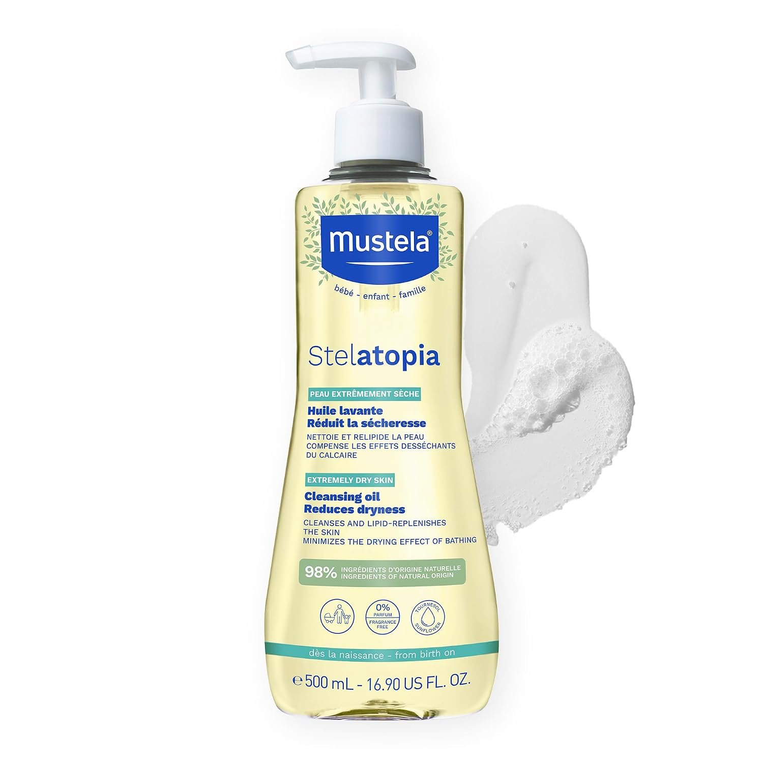 Mustela Stelatopia Eczema-Prone Skin Cleansing Oil – Baby Body Wash with Natural Avocado & Sunflower Oil – Family Skin Care Essentials – EWG Verified – Fragrance-Free & Tear Free – 16.9 fl. oz.