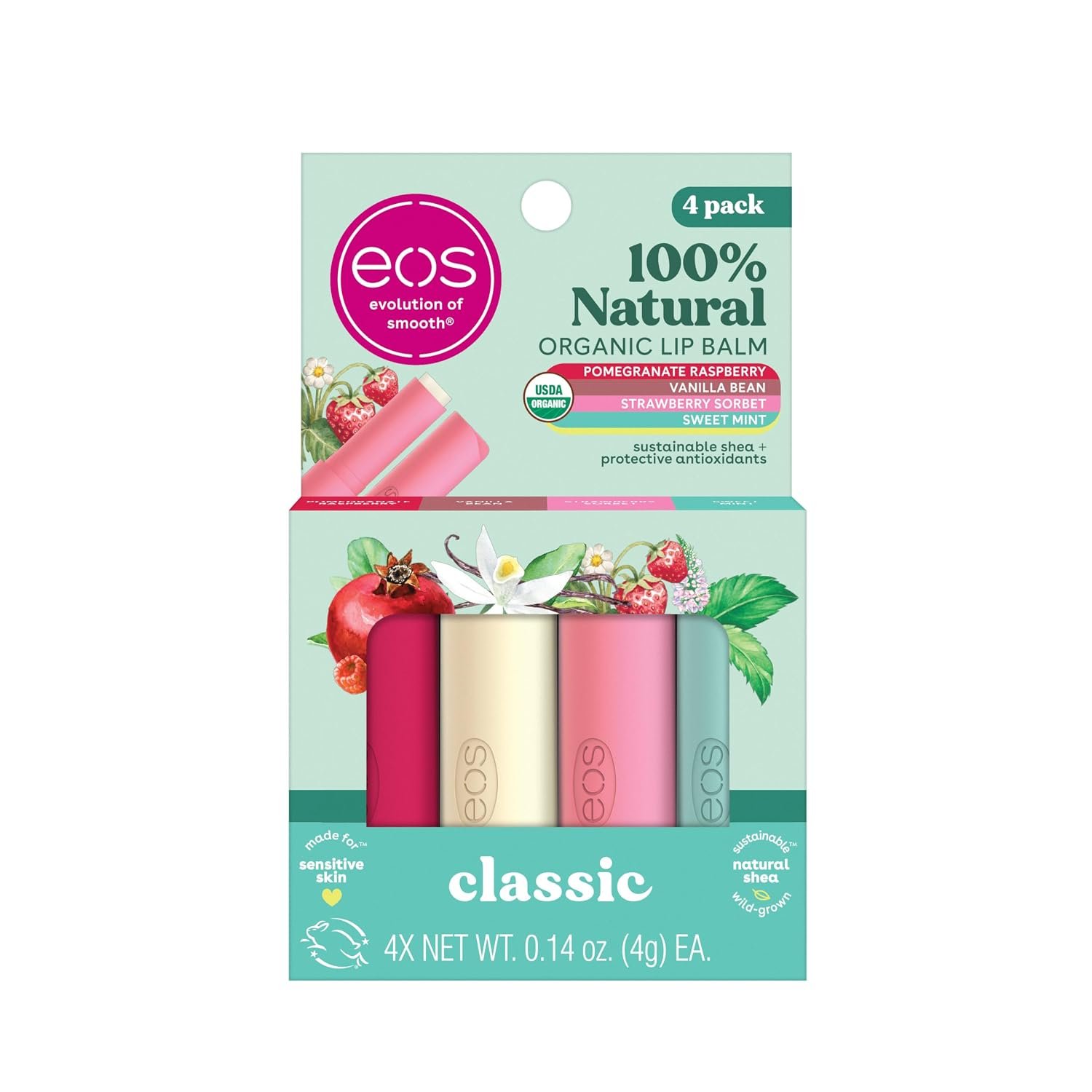 eos 100% Natural & Organic Lip Balm Sticks- Strawberry Sorbet, Vanilla Bean, Sweet Mint & Pomegranate Raspberry, Lip Care Products, 0.14 oz, 4-Pack