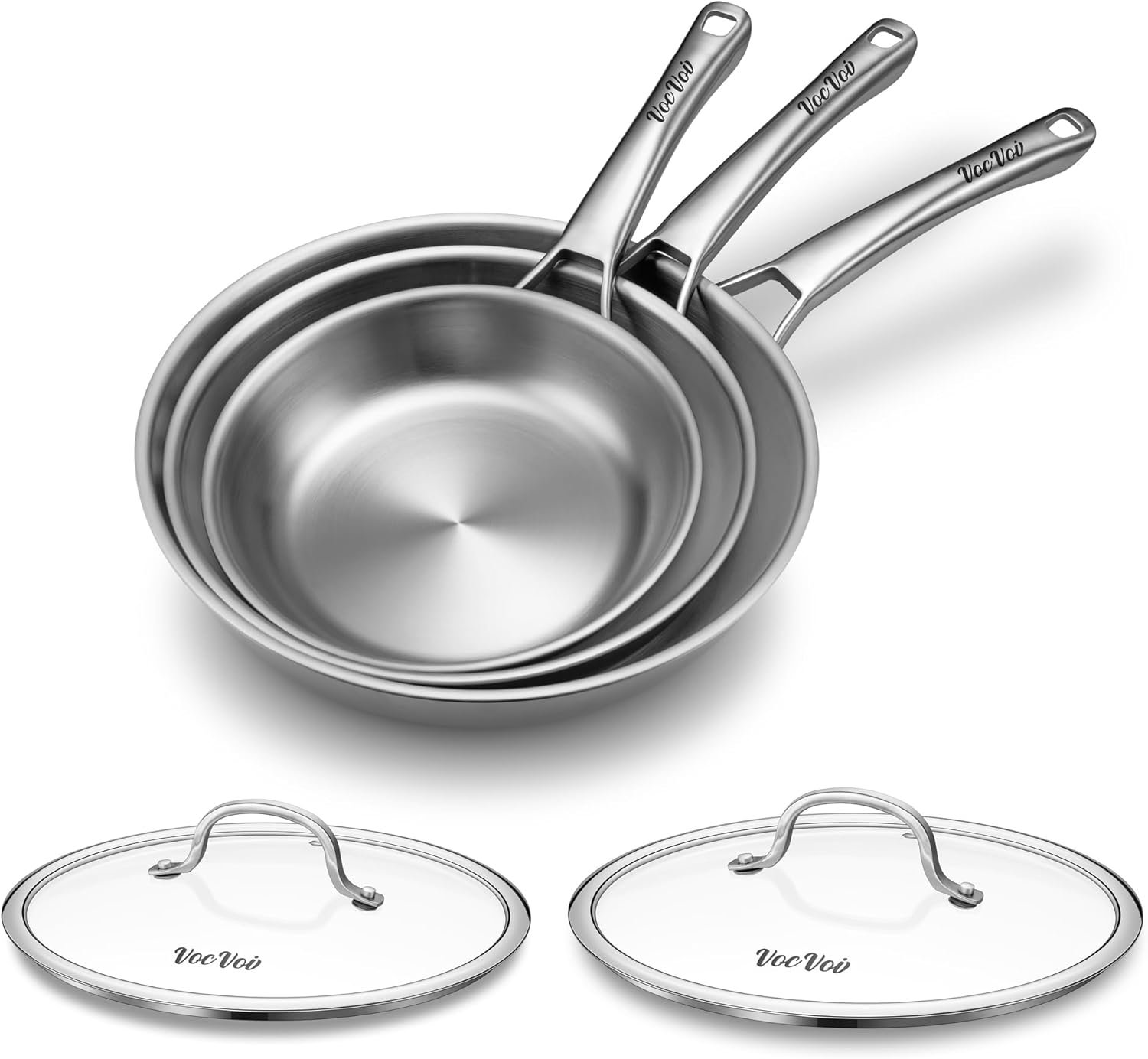 VocVoi Stainless Steel Pans,8in /10in+Lid /12in+Lid, Cookware Set