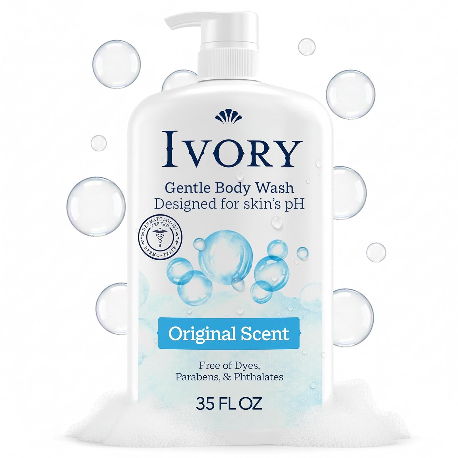 Ivory Body Wash, Designed for the Whole Family, Gentle Formula, Free of Dyes Heavy Perfumes Parabens Phthalates & Silicones, for Sensitive Skin, Designed for Skin’s pH, Original Scent, 35 oz