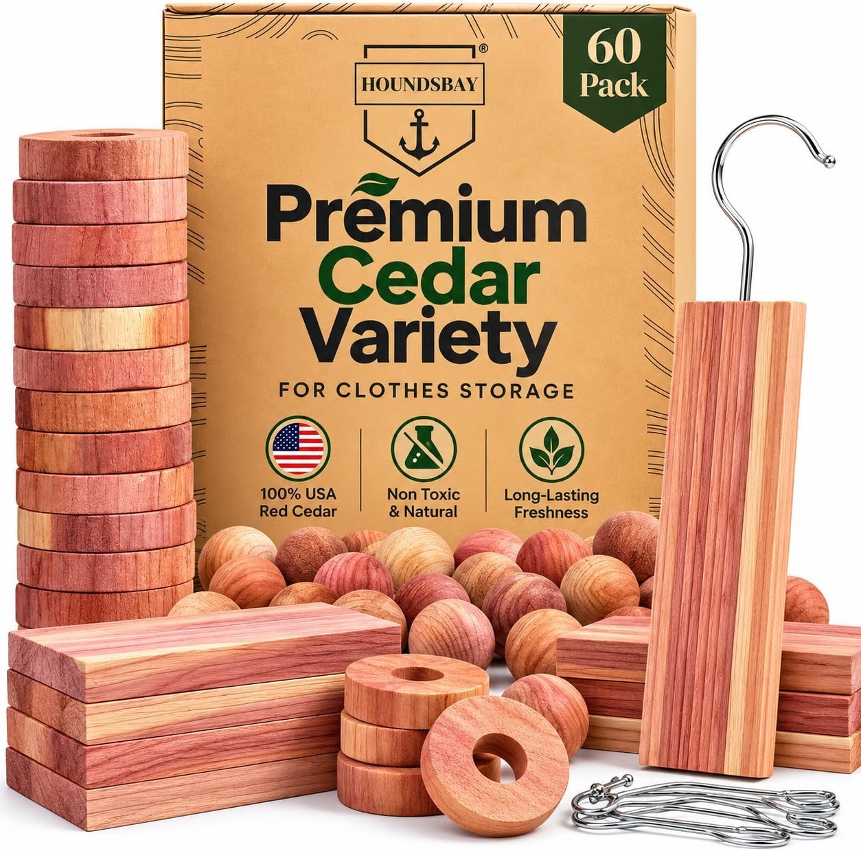 HOUNDSBAY Cedar for Clothes Storage, 60-PC Set Moth Repellent for Closets