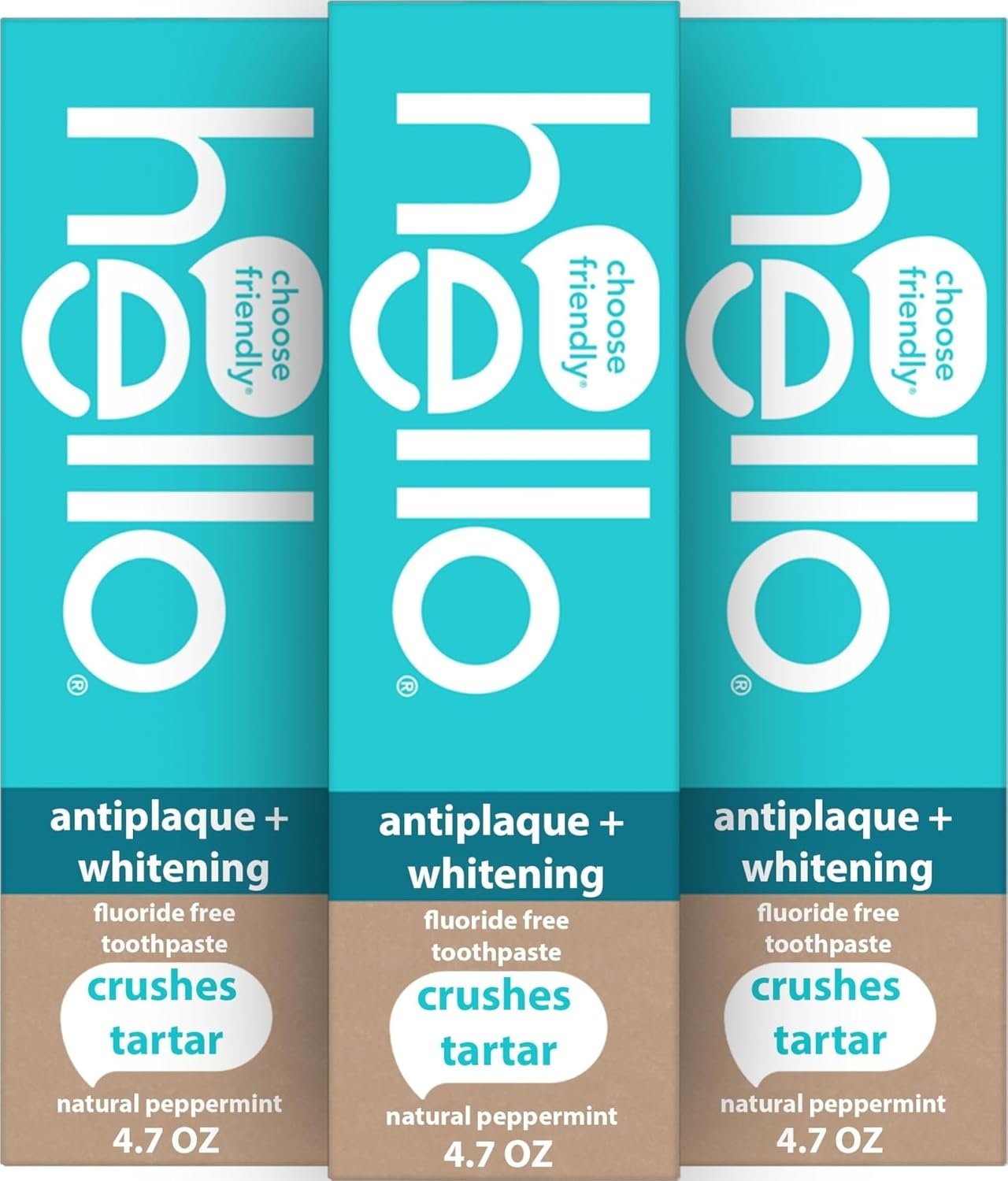 hello Antiplaque and Whitening Fluoride Free Toothpaste, Whitening Toothpaste with Coconut Oil and Tea Tree Oil, Helps Whiten Teeth, Natural Peppermint, 3 Pack, 4.7 Oz Tubes