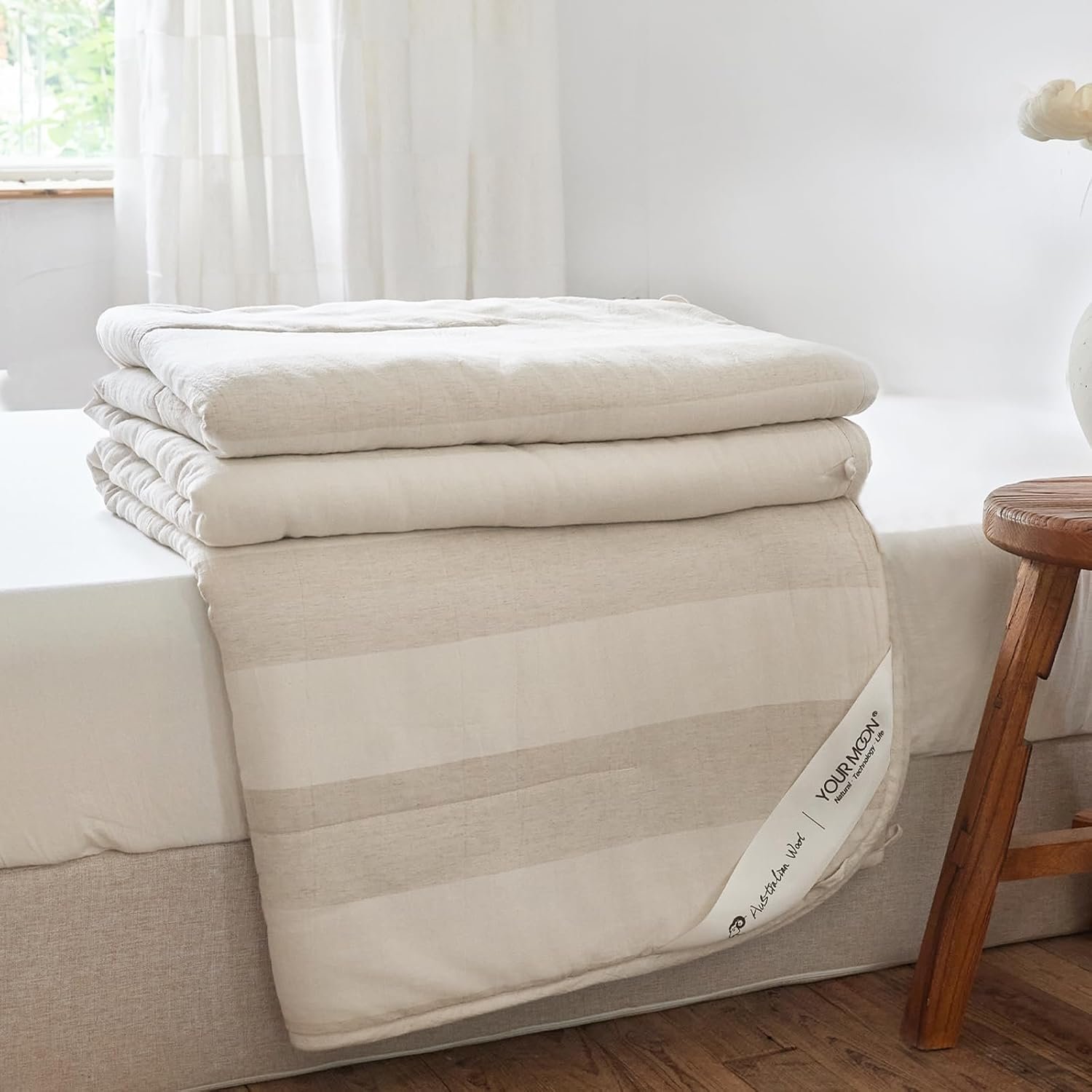 YOUR MOON Lightweight Wool Comforter Queen, Cotton Linen Shell, Beige