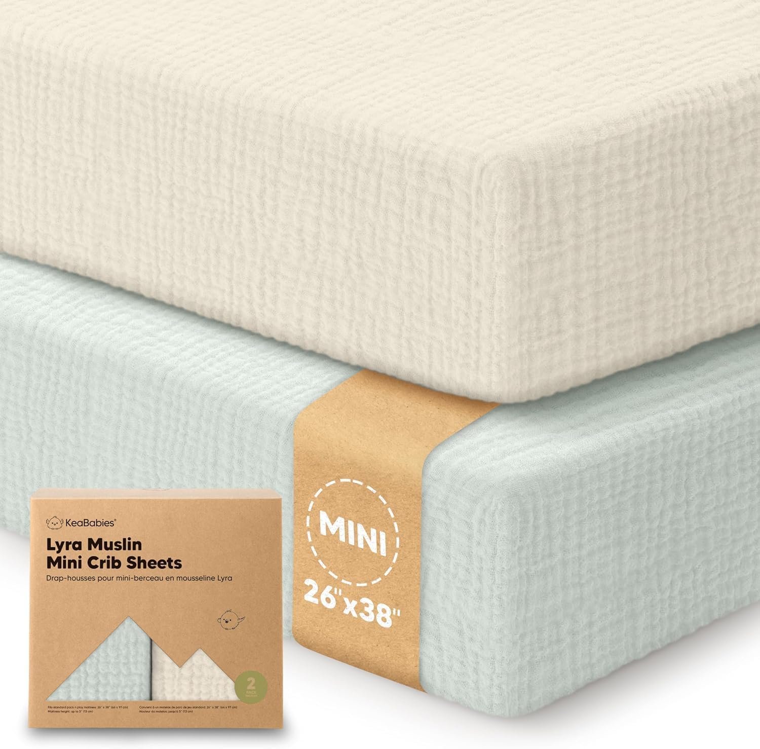 2pk Muslin Mini Crib Sheets for Boys, Girls, 38×26 Fitted Sheet (Willow)