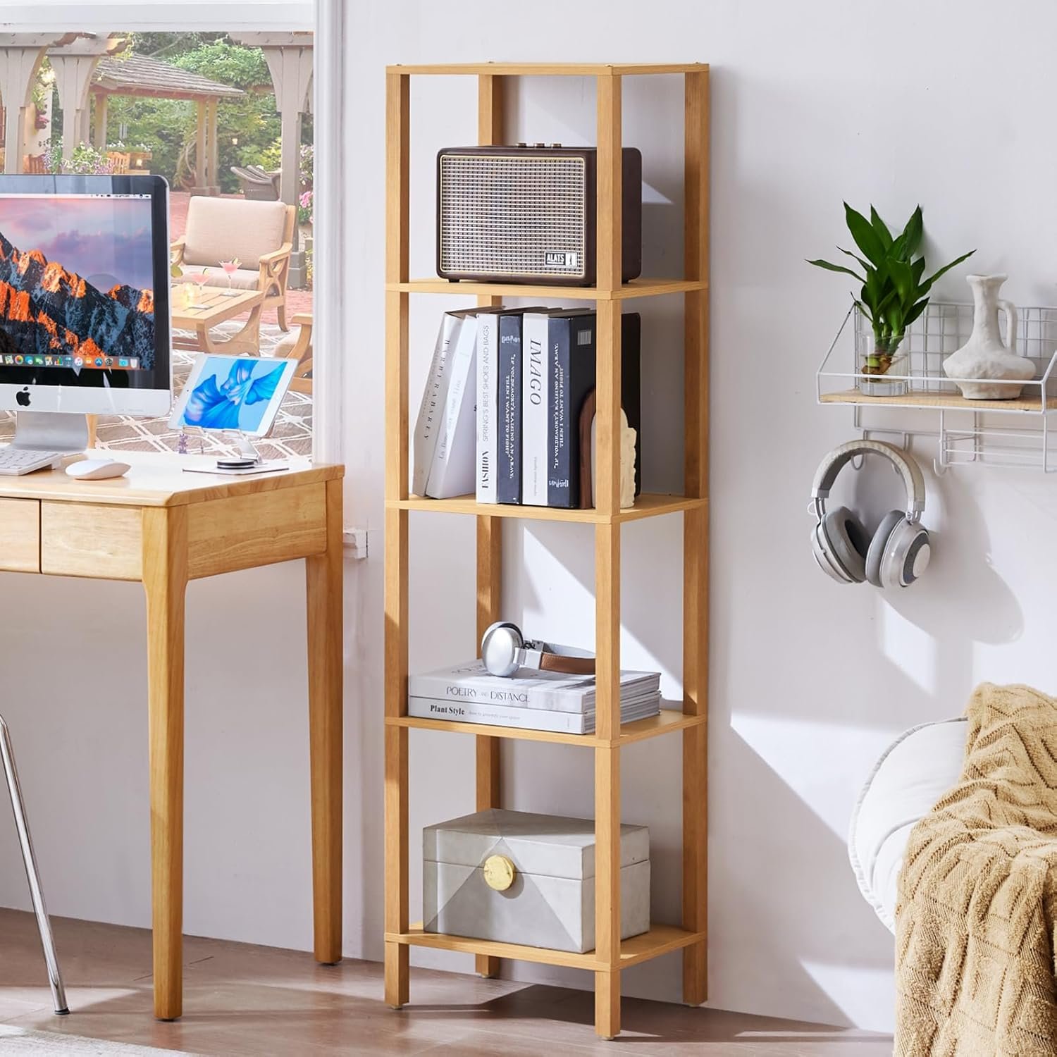 YUFAM 5 Tier Tall Narrow Bookshelf, Skinny Bookcase, Wooden Shelf, Natural
