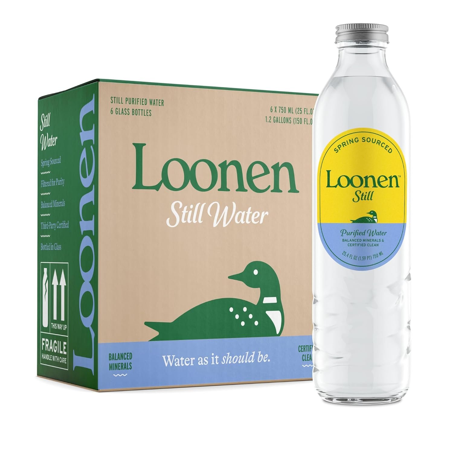 Loonen Still Spring Sourced Water, Glass Bottled with Minerals, Magnesium, Potassium, Calcium, Sodium, PFAS Free, Plastic Free, NSF Certified, American Made, Clean Hydration, Pack of 6, 750mL