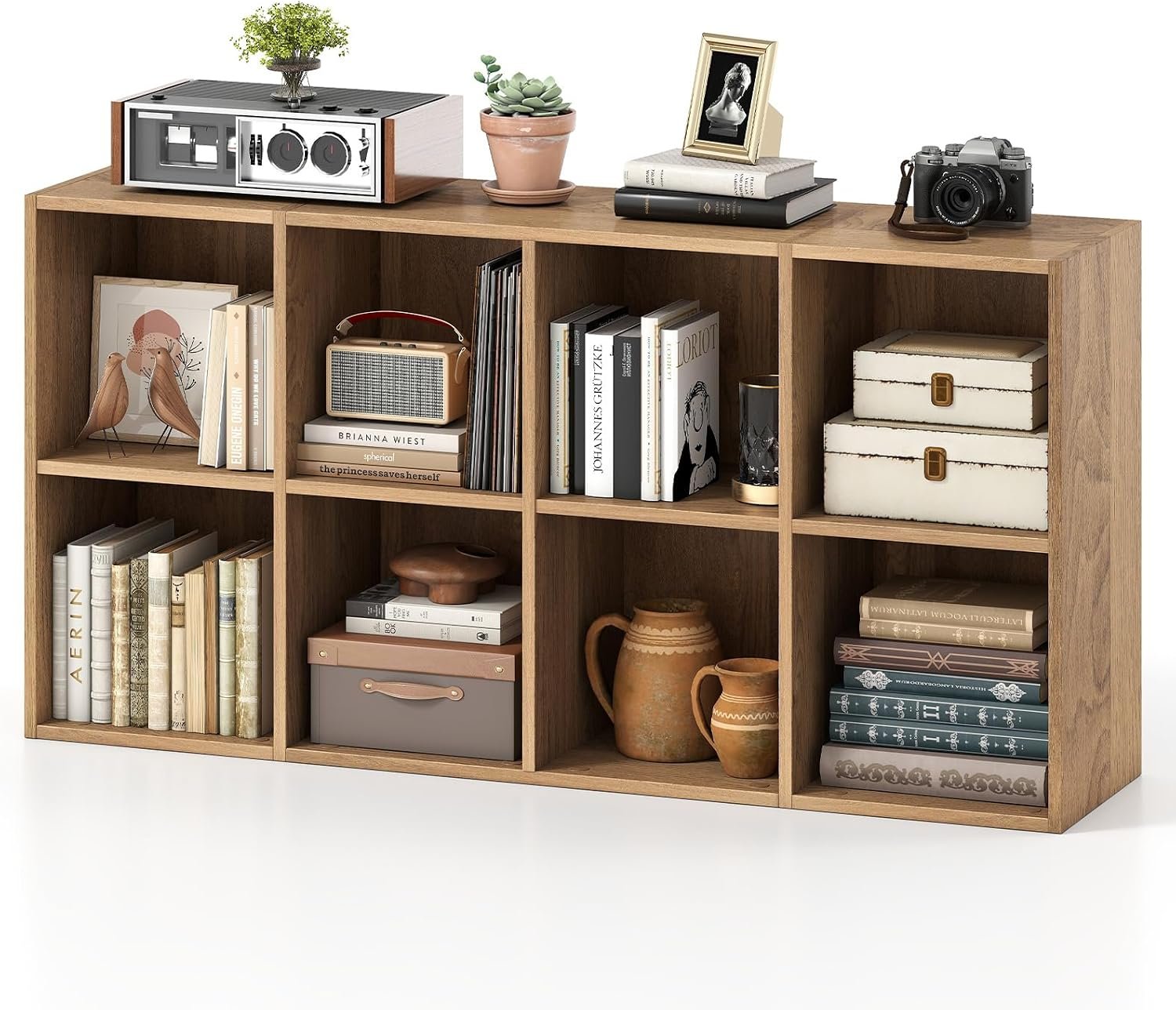 Tangkula 8-Cube Bookcase, Large Floor Standing Horizontal Bookshelf with 8 Open Shelves & 2 Anti-Tipping Kits, Home Office Wooden Storage Book Shelf for Living Room, Study (Natural, 8-Cube)